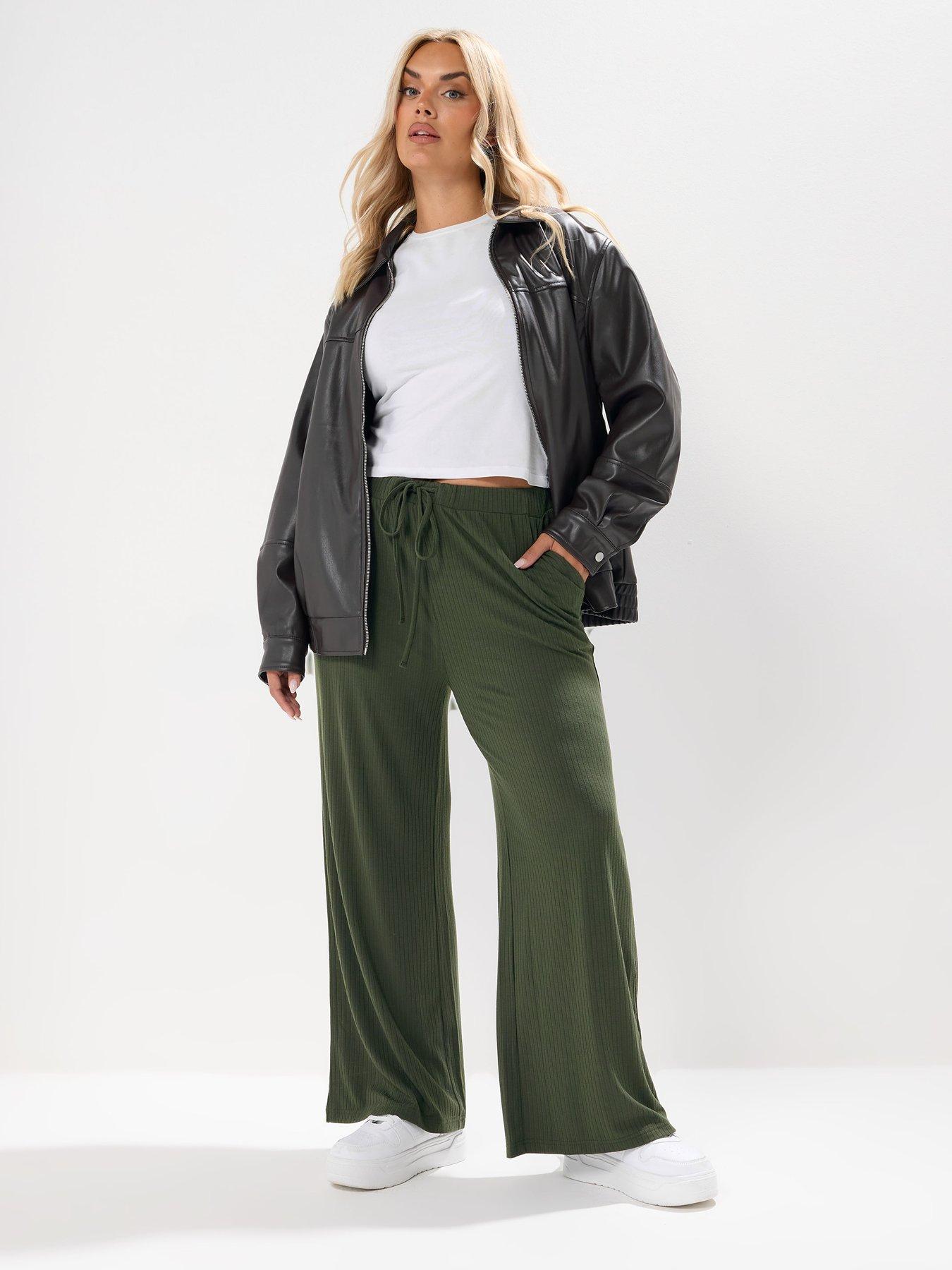 Image 3 of 4 of Yours Curve Wide Leg Ribbed Pull On Trouser - Green