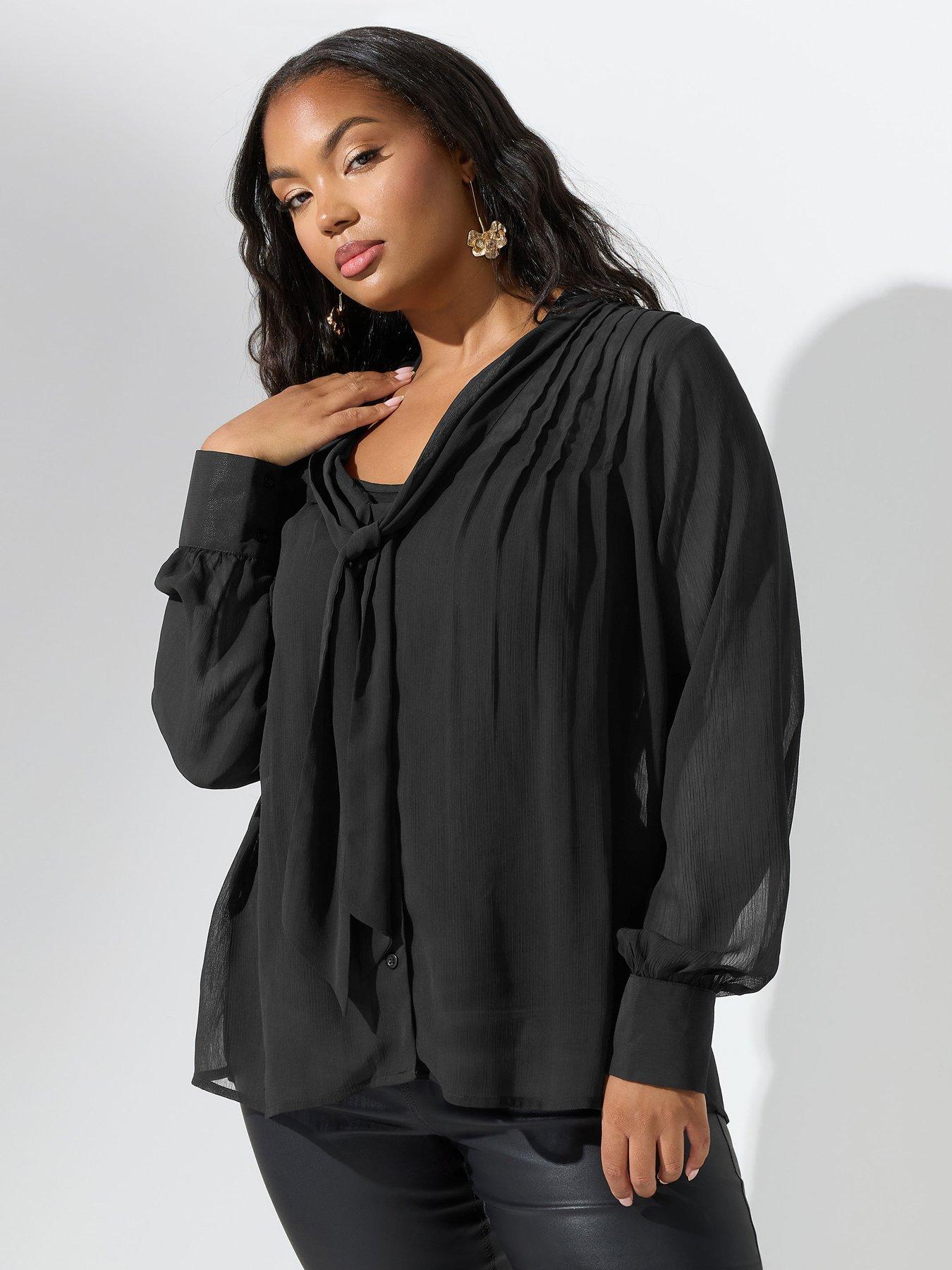 undefined Curve Pleated Bow Blouse - Black