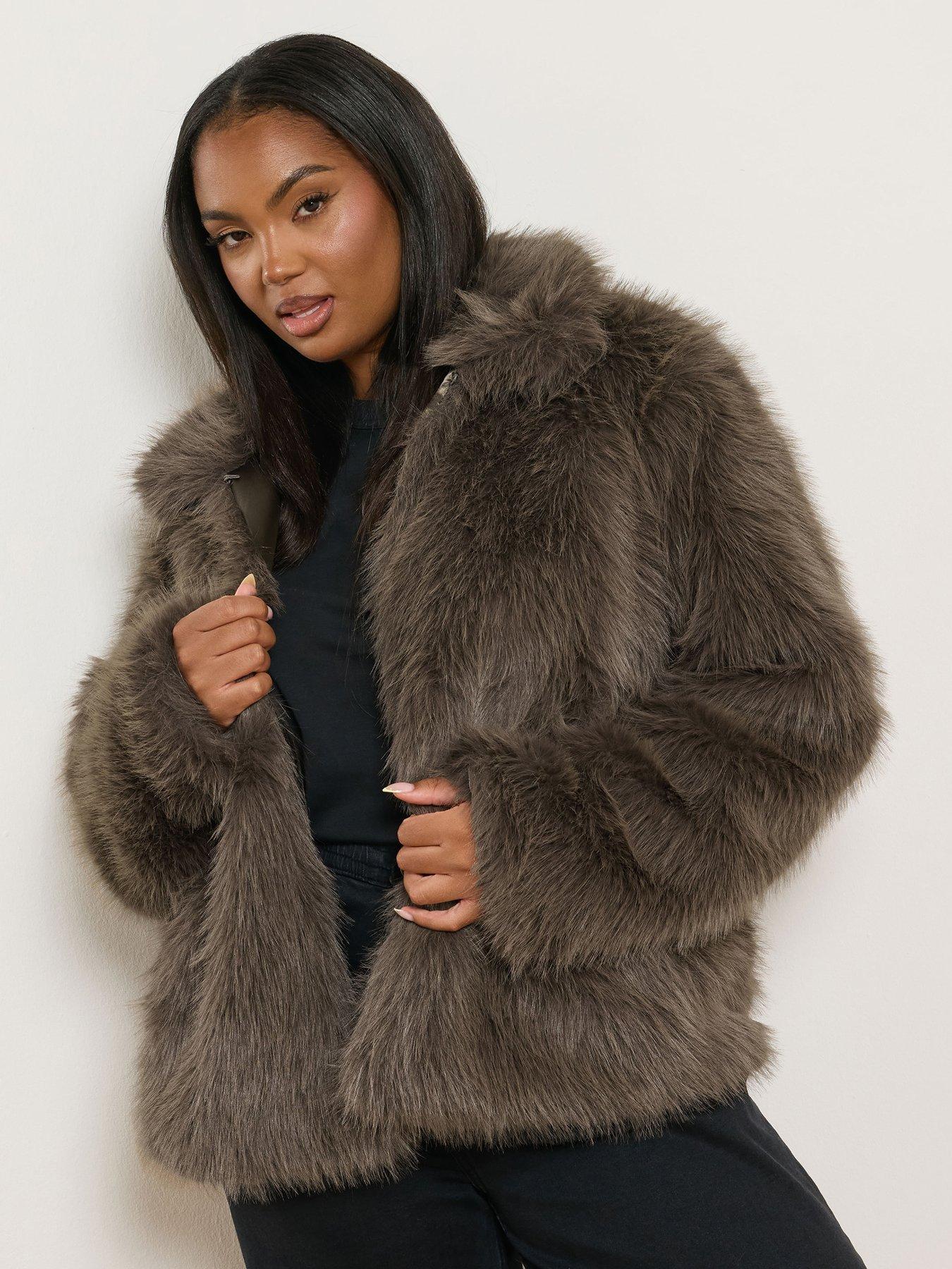Image 1 of 4 of Yours Curve Faux Fur Collared Jacket - Brown