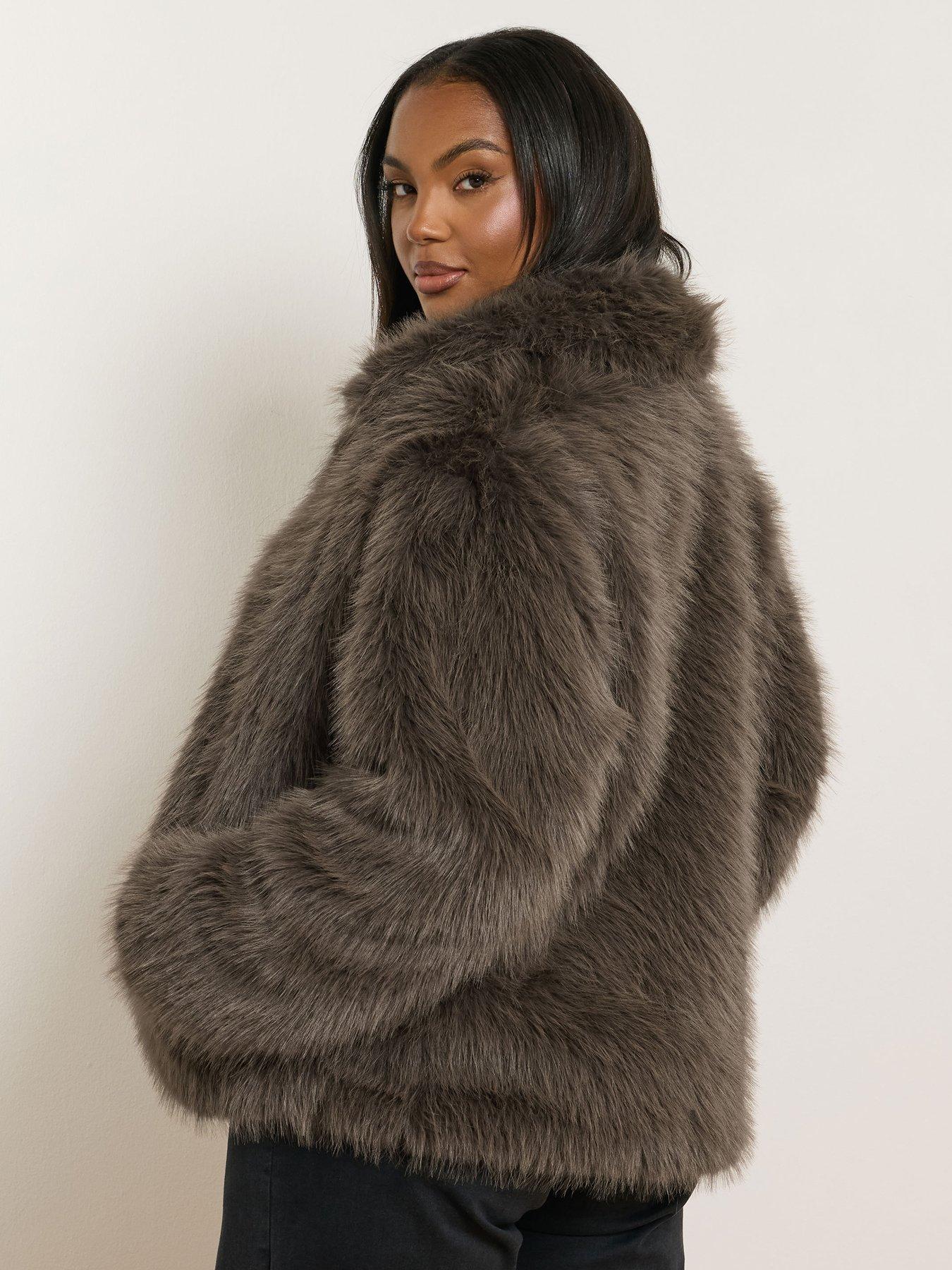 Image 2 of 4 of Yours Curve Faux Fur Collared Jacket - Brown