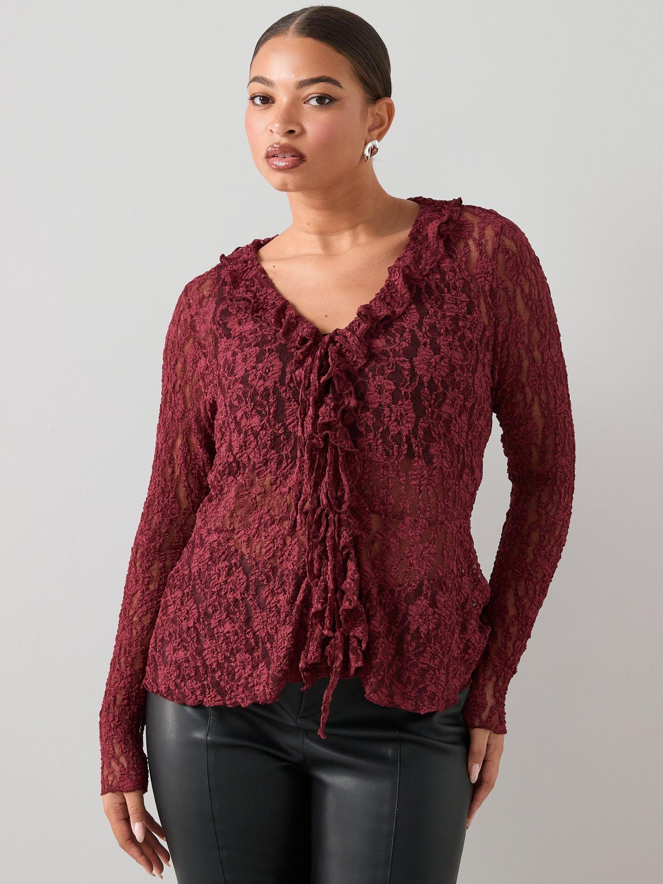 The Very Collection Curve Lace Tie Top - Red