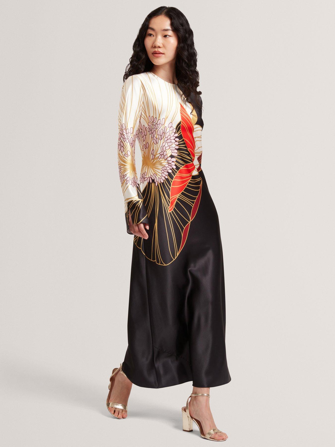  image of ted-baker-print-long-sleeve-midi-dress-black