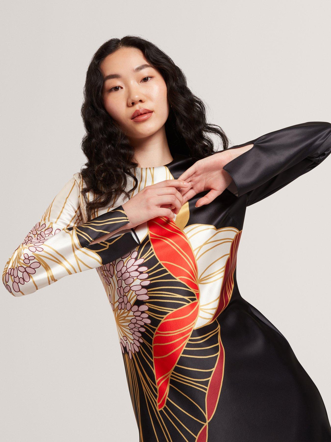  image of ted-baker-print-long-sleeve-midi-dress-black