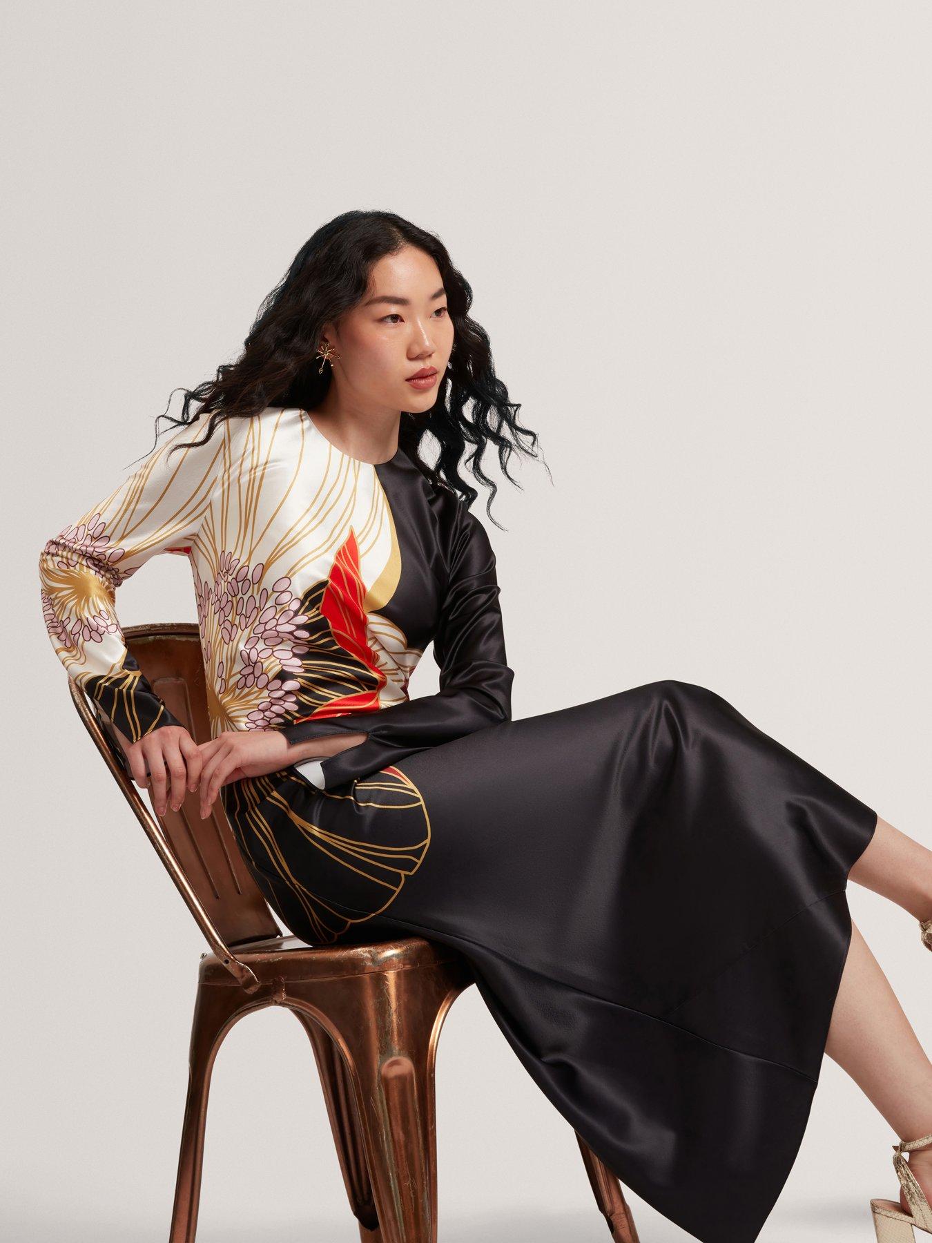  image of ted-baker-print-long-sleeve-midi-dress-black