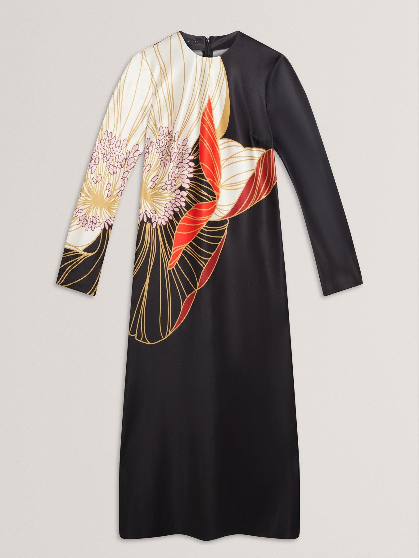  image of ted-baker-print-long-sleeve-midi-dress-black