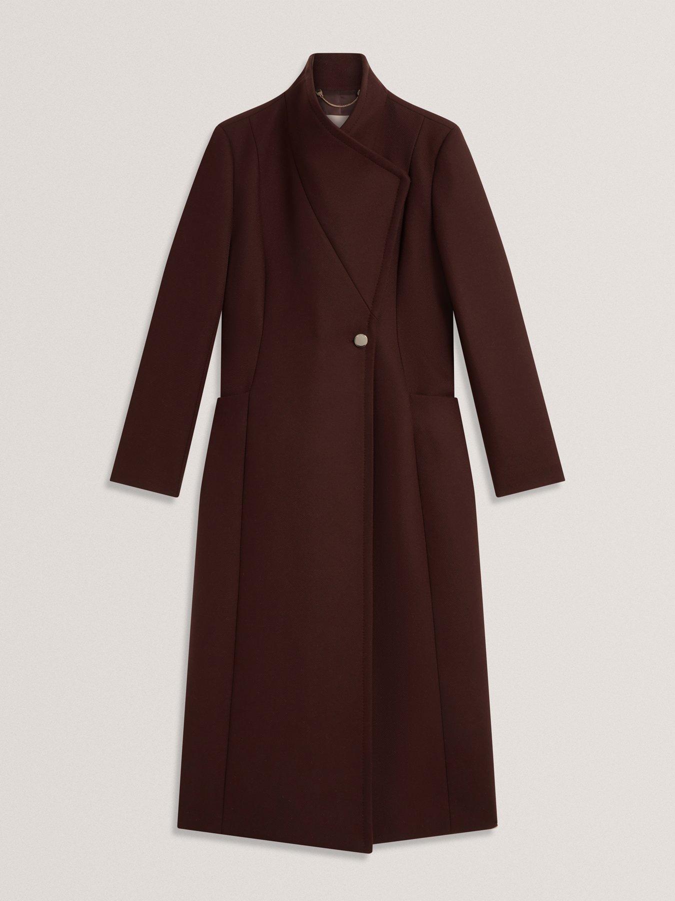 Image 3 of 6 of Ted Baker Double Faced Wool Long Sculpted Wrap Coat - Brown