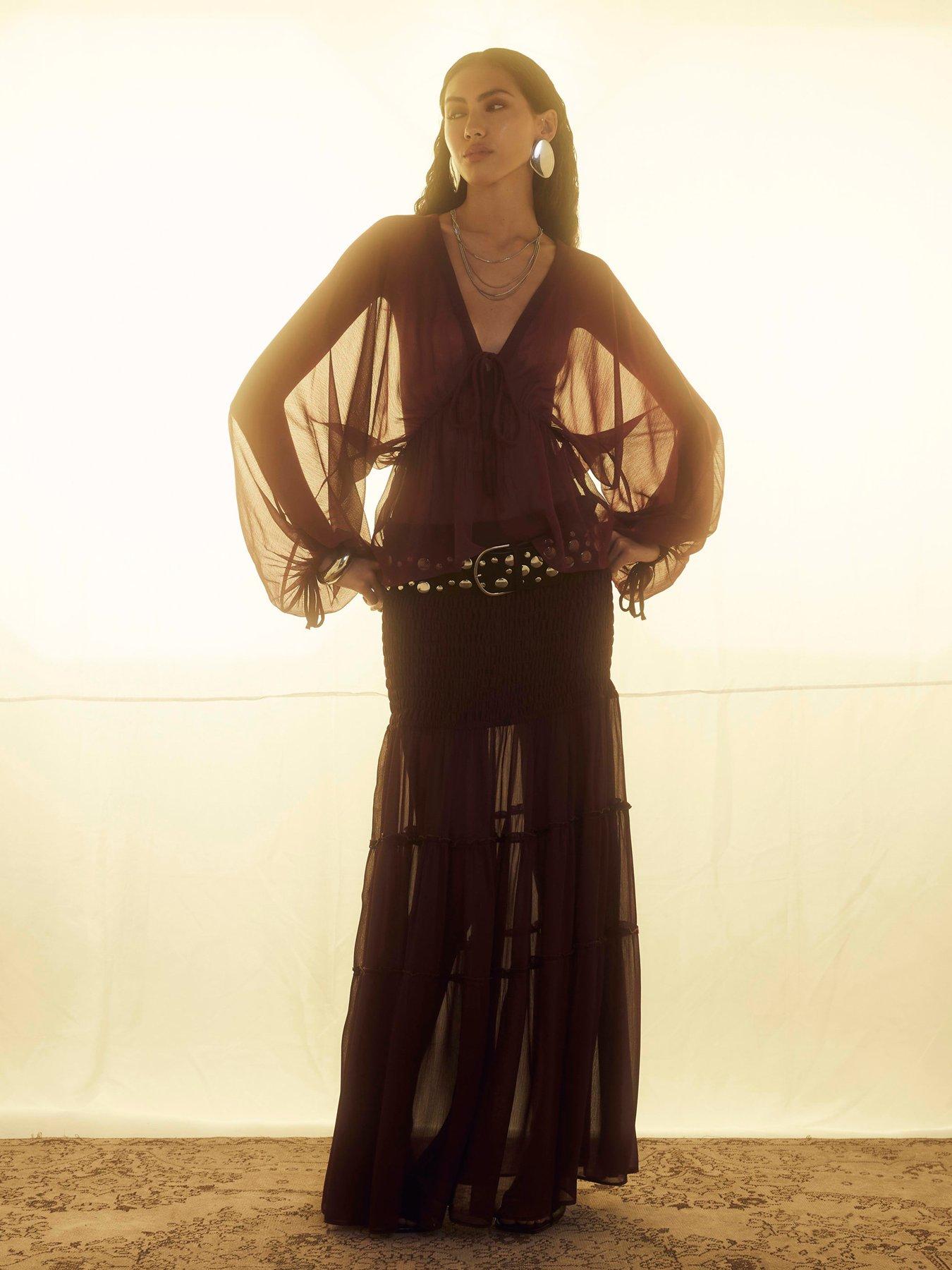 Image 1 of 4 of River Island Long Sleeve Smocked Blouse - Red