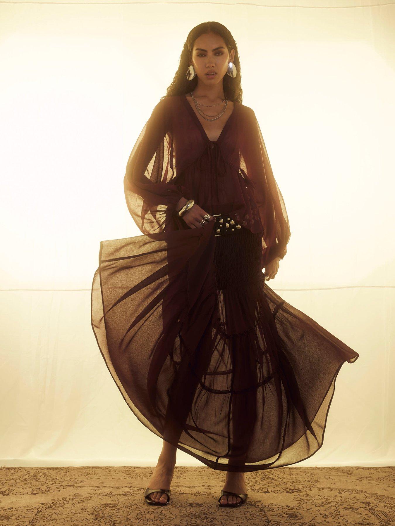 Image 2 of 4 of River Island Long Sleeve Smocked Blouse - Red