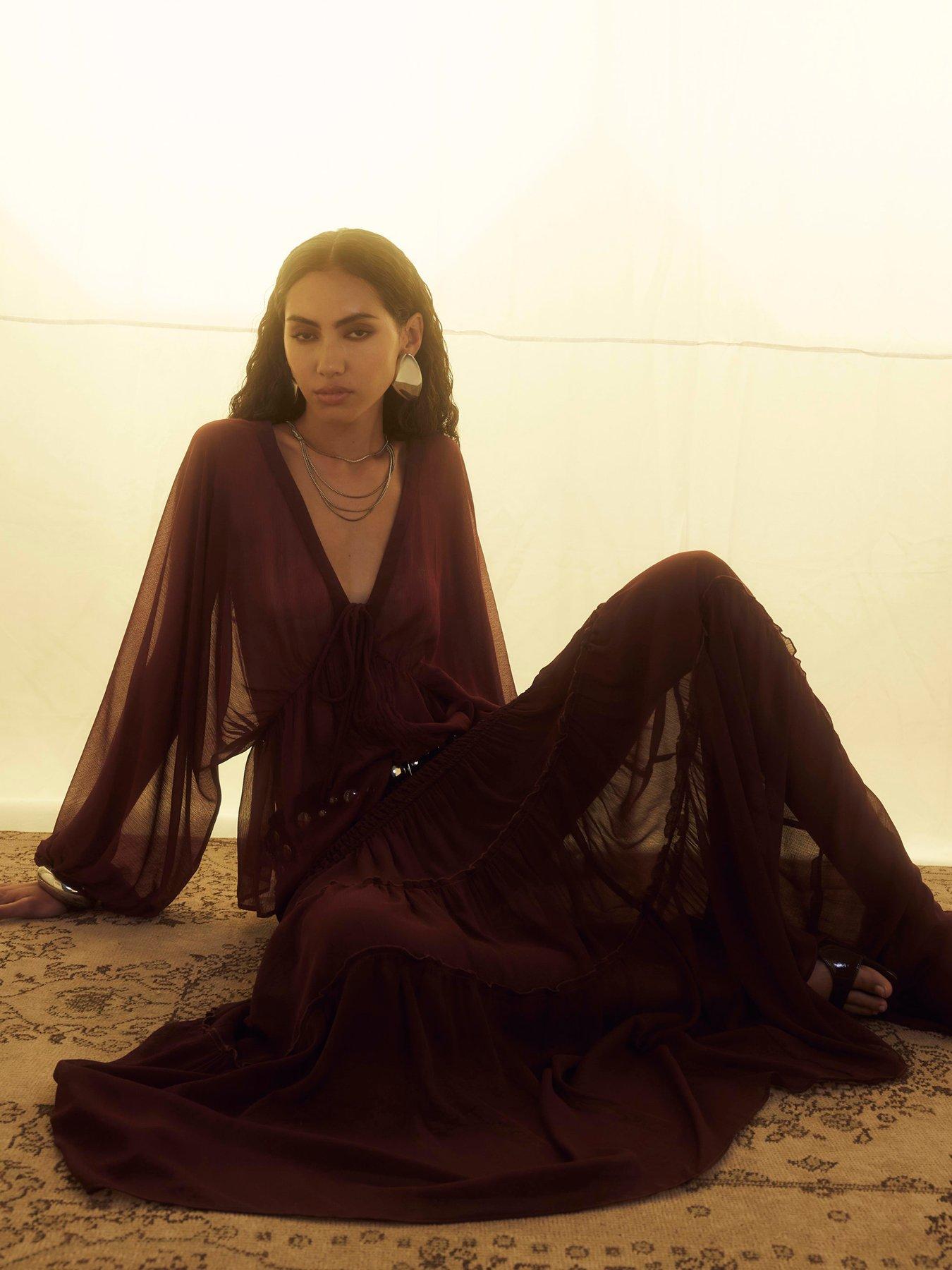 Image 3 of 4 of River Island Long Sleeve Smocked Blouse - Red