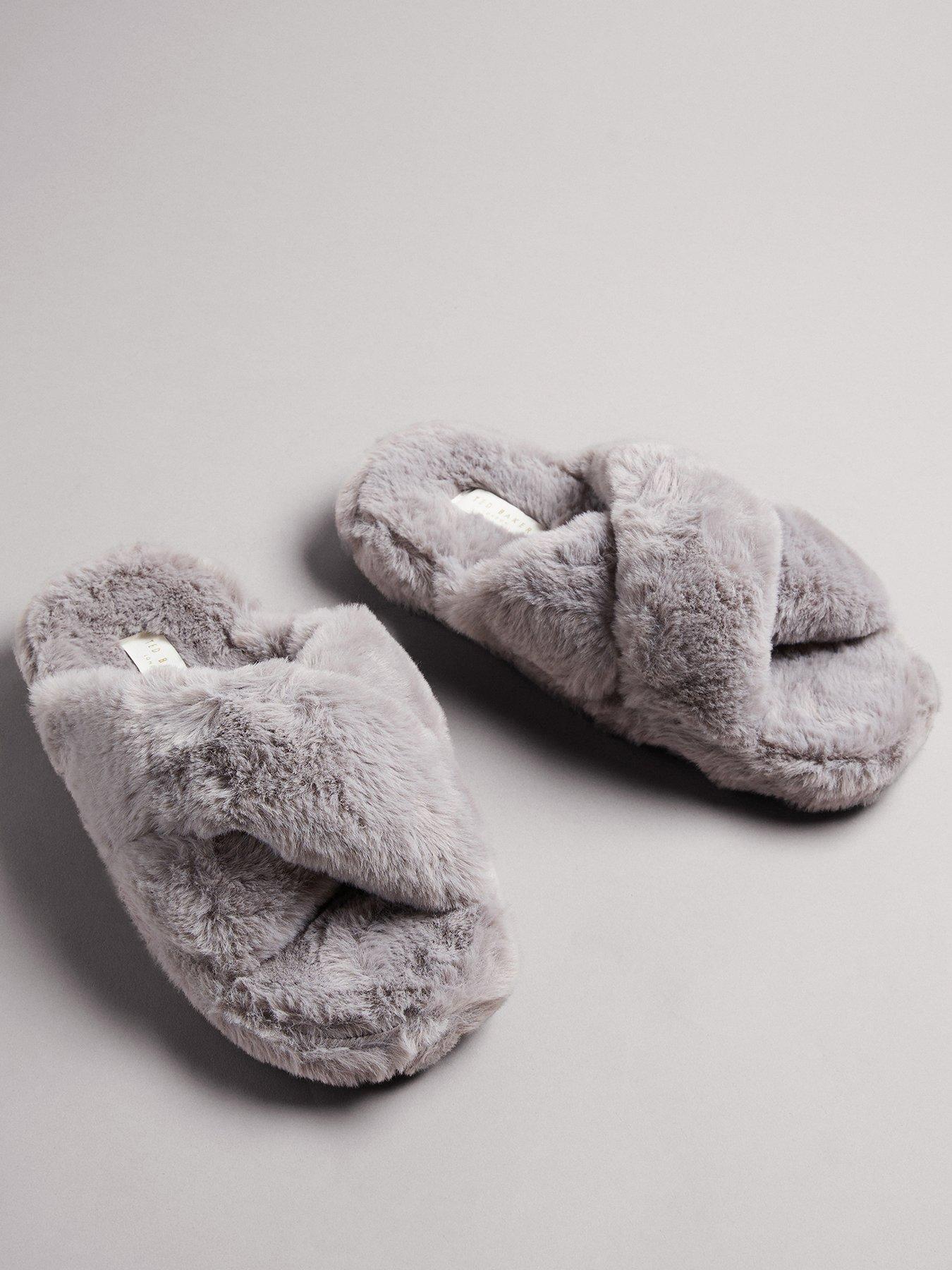 Image 2 of 4 of Ted Baker Faux Fur Cross Over Slippers - Grey