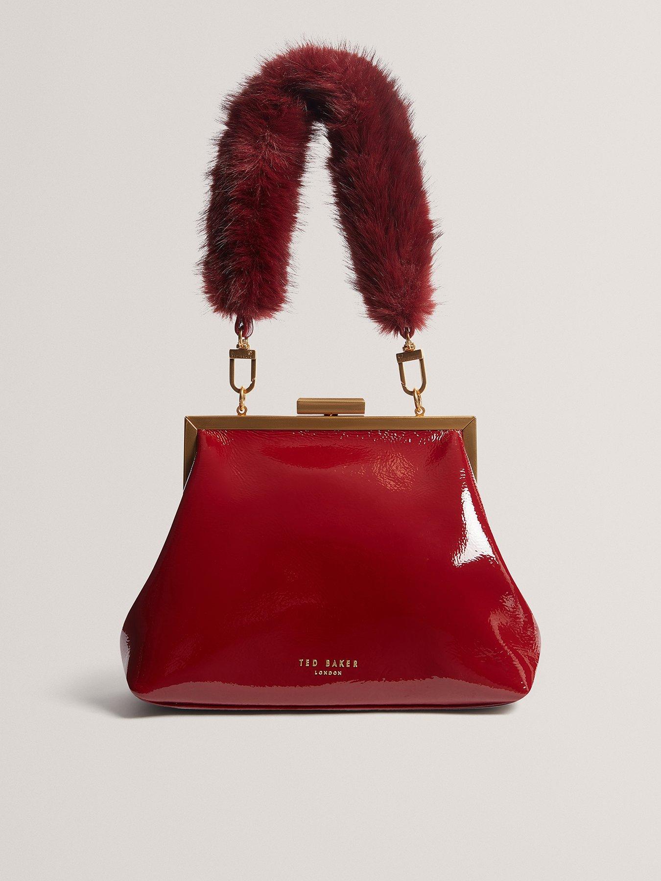  image of ted-baker-leather-patent-faux-fur-handle-clutch-bag-red