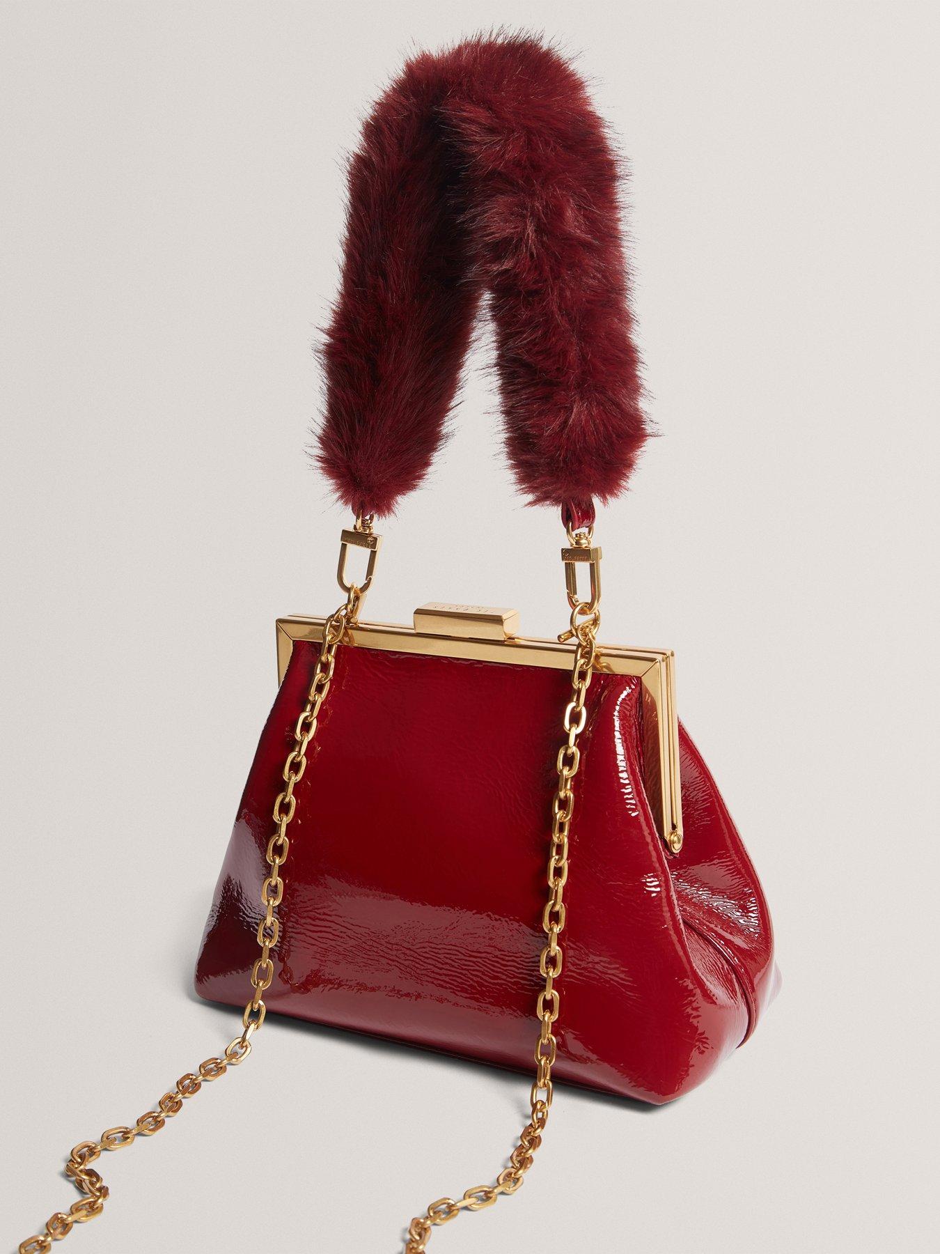  image of ted-baker-leather-patent-faux-fur-handle-clutch-bag-red