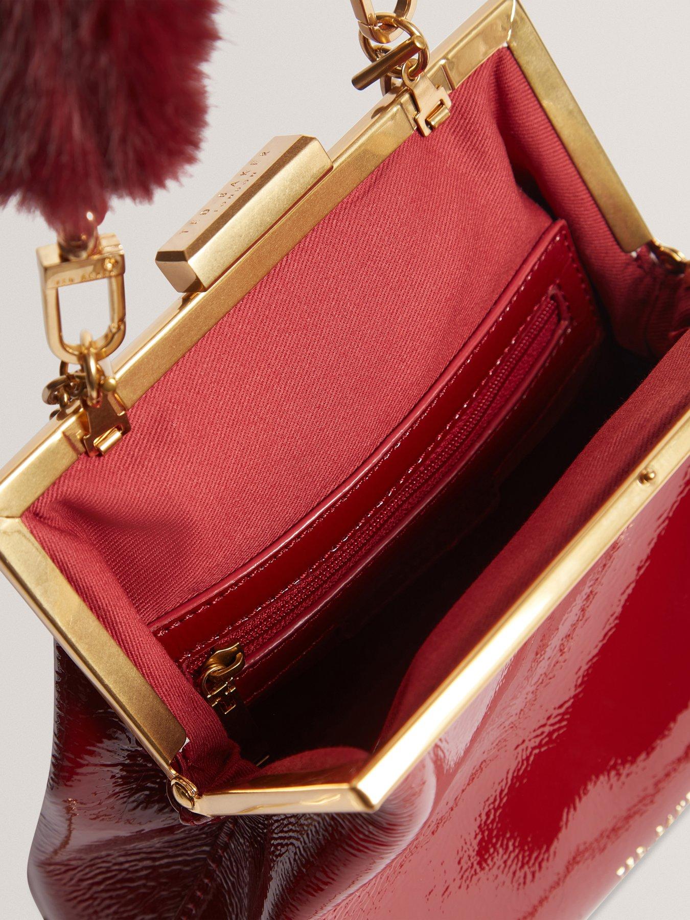  image of ted-baker-leather-patent-faux-fur-handle-clutch-bag-red