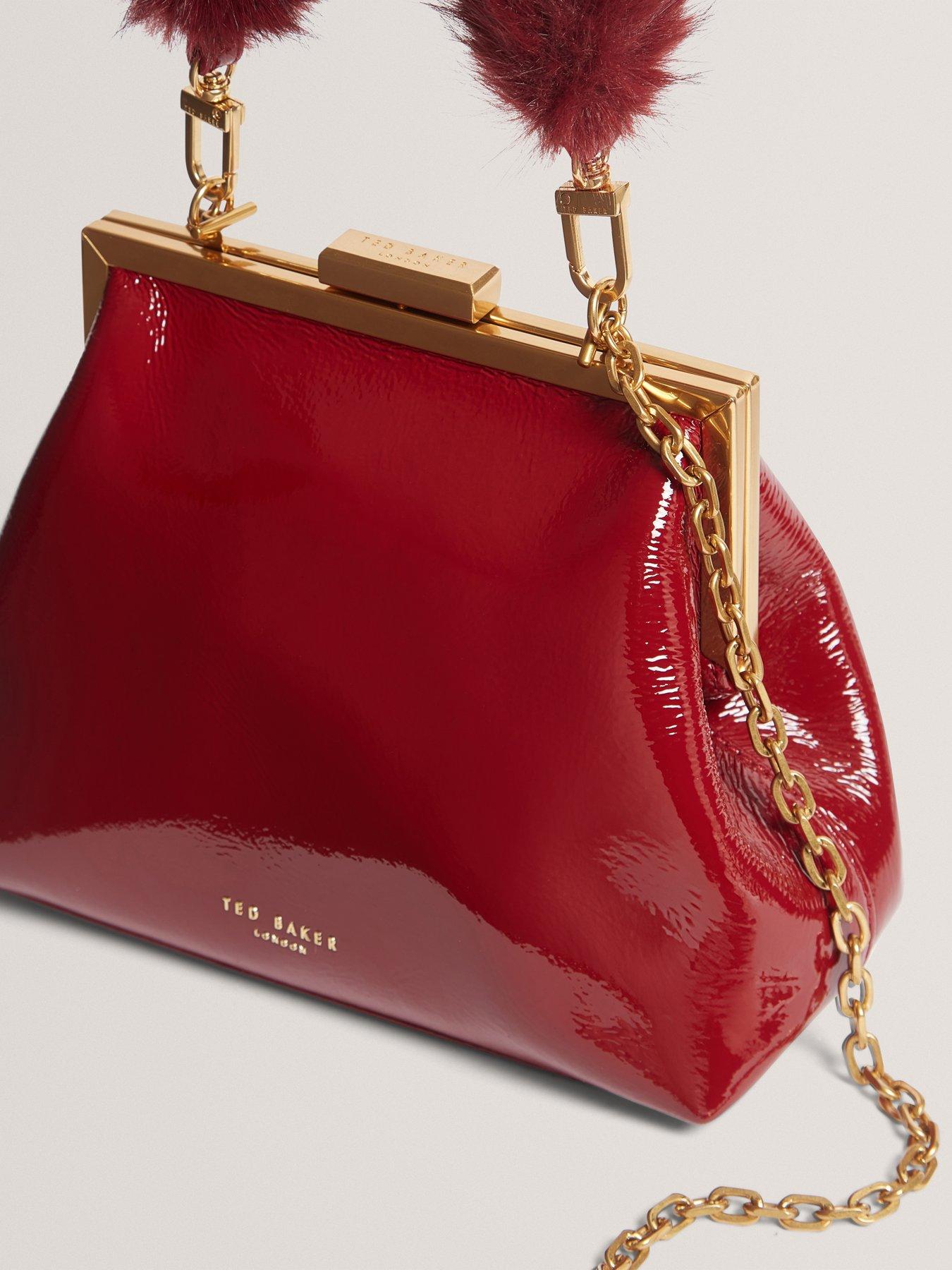  image of ted-baker-leather-patent-faux-fur-handle-clutch-bag-red
