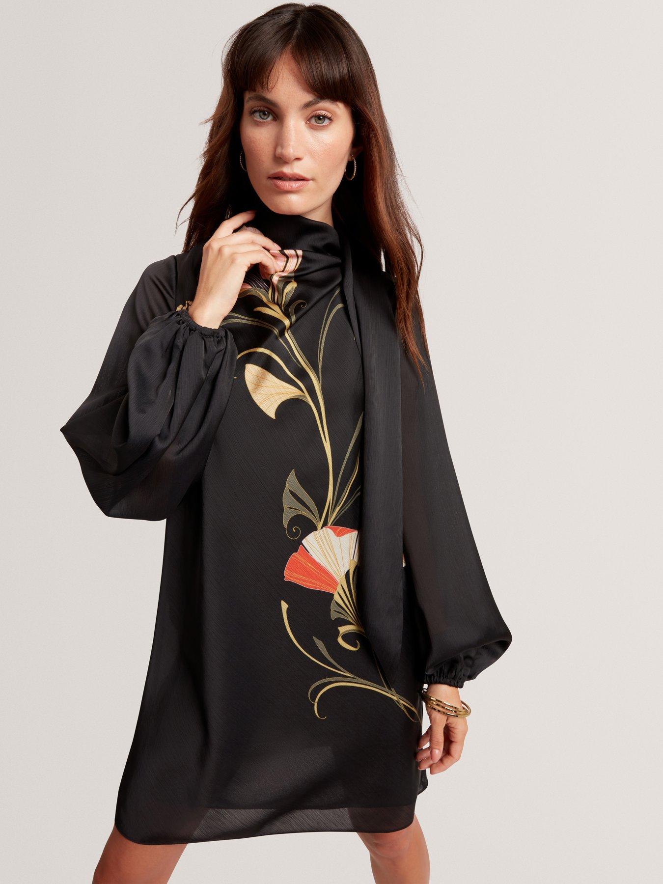 Image 3 of 6 of Ted Baker Neck Tie Printed Mini Dress - Black