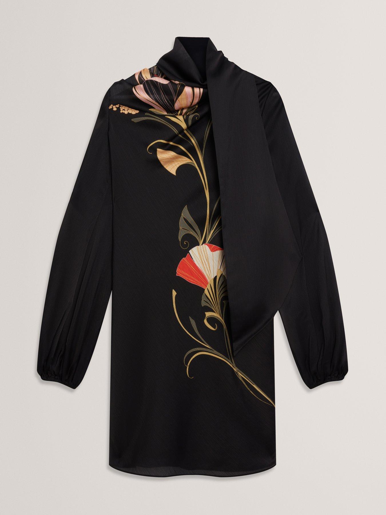 Image 6 of 6 of Ted Baker Neck Tie Printed Mini Dress - Black