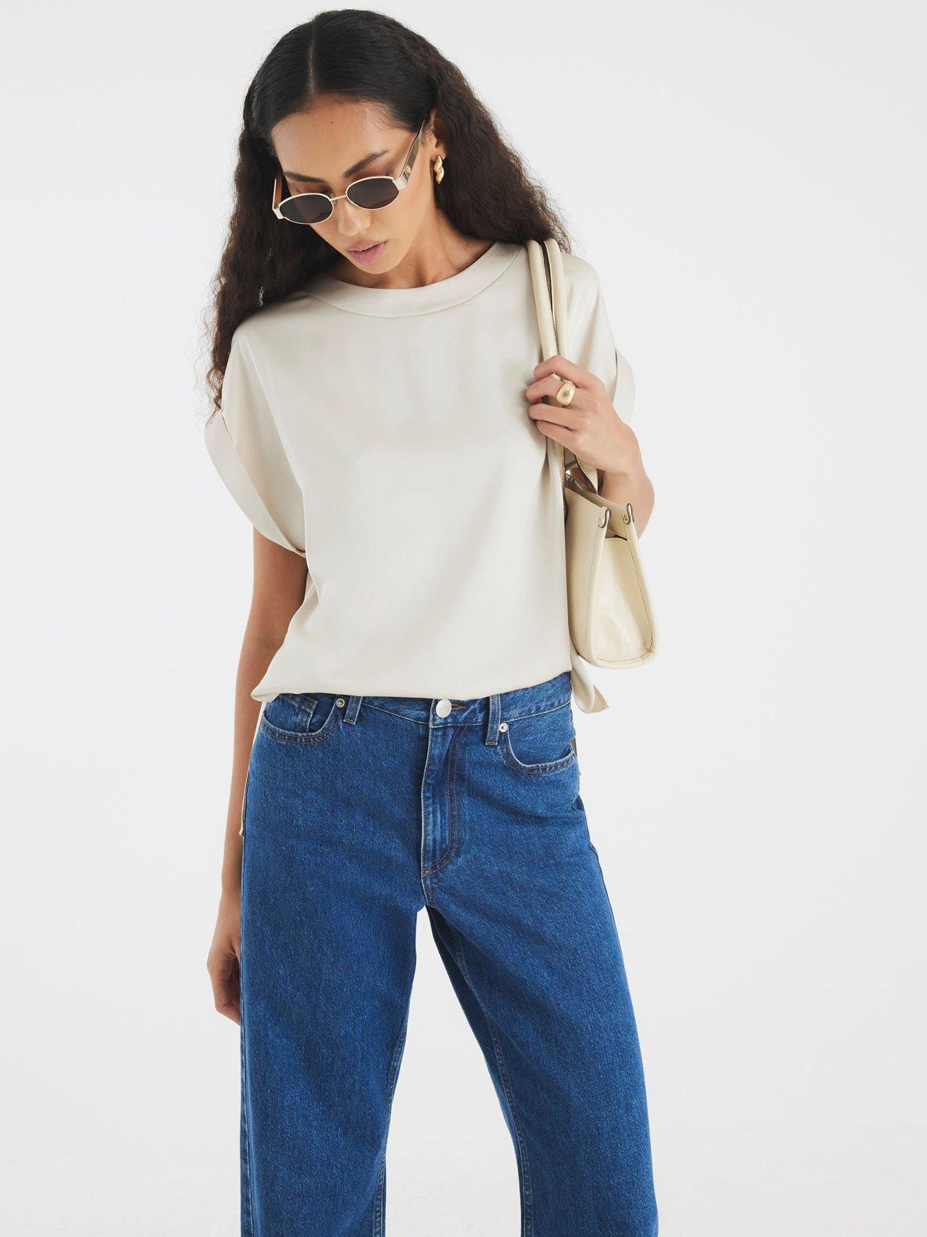 River Island Short Sleeve Satin Turn Back Cuff T-Shirt - Cream