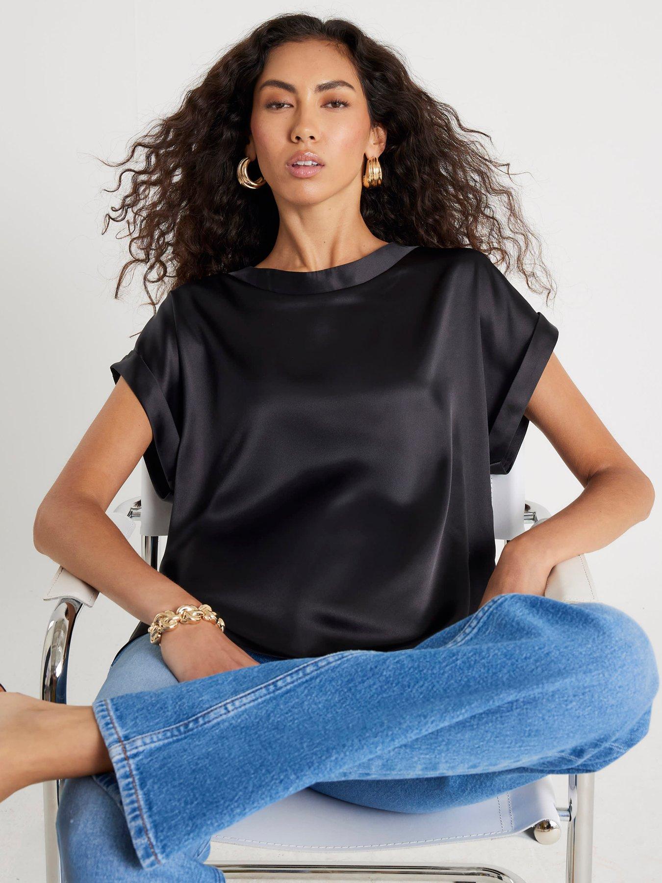  image of river-island-short-sleeve-satin-turn-back-cuff-t-shirt-black
