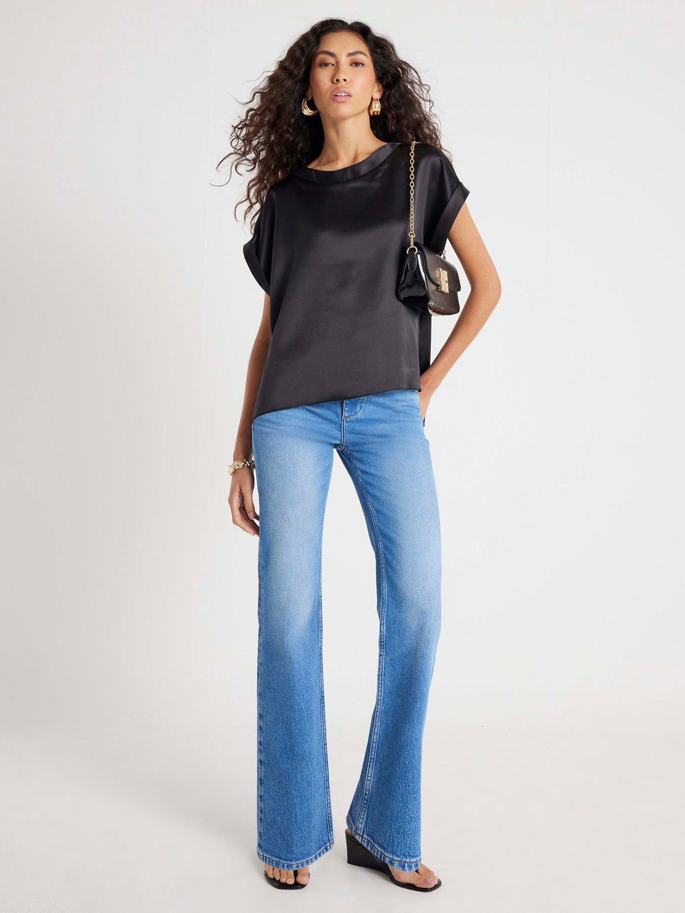  image of river-island-short-sleeve-satin-turn-back-cuff-t-shirt-black