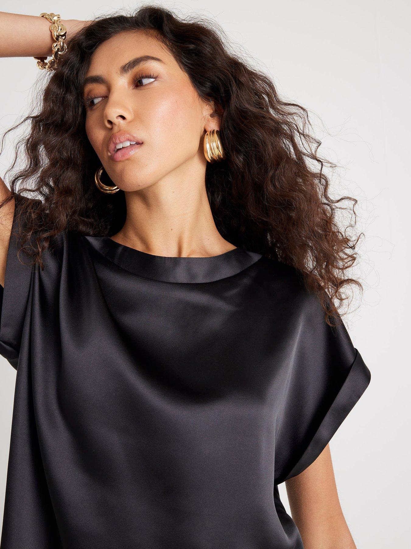  image of river-island-short-sleeve-satin-turn-back-cuff-t-shirt-black