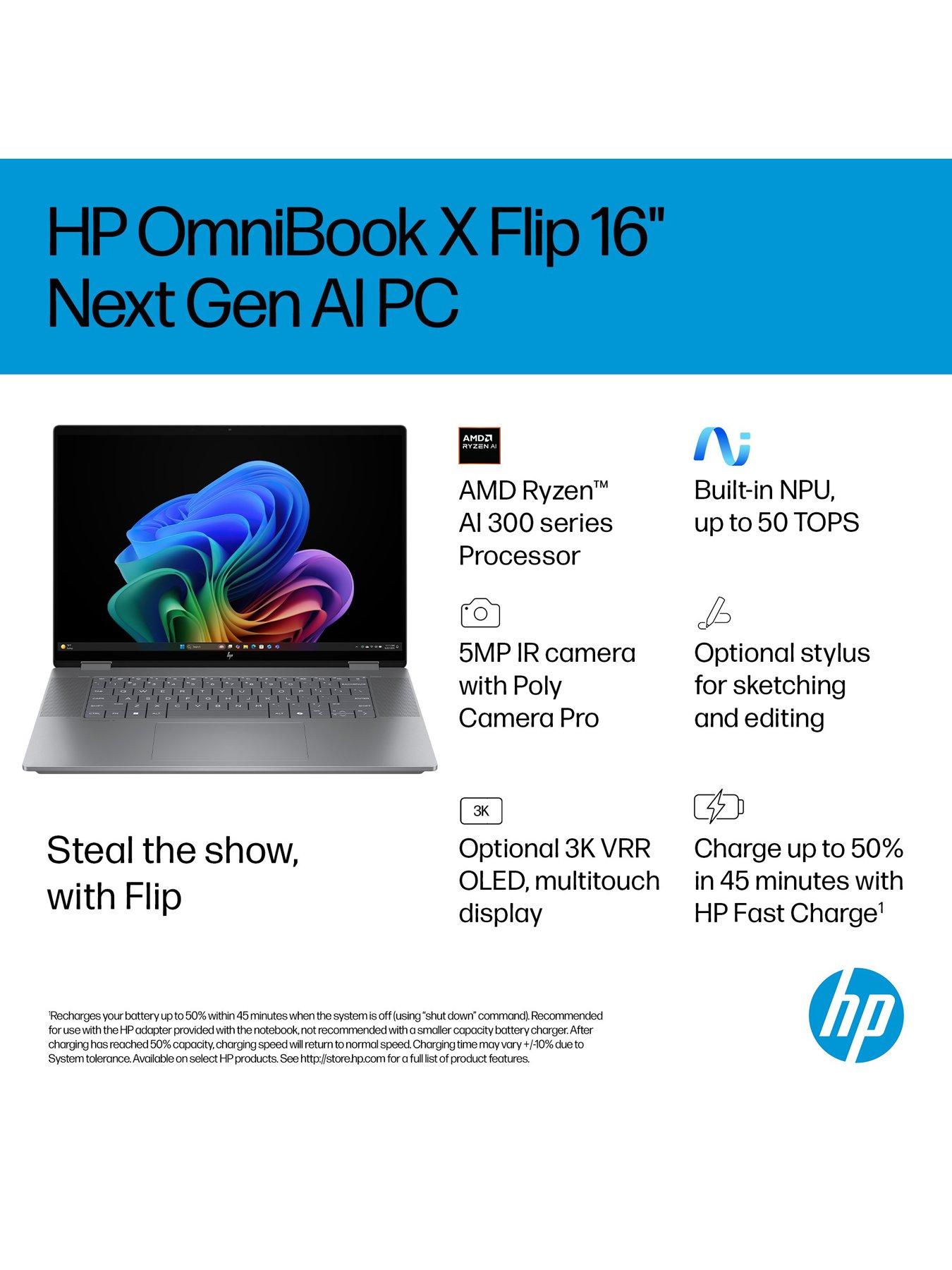  image of hp-omnibook-x-flip-16-ar0002na-copilot-pc-amd-ryzen-ai-7-16gb-ram-1tb-16in-3k-oled-touchscreen-silver