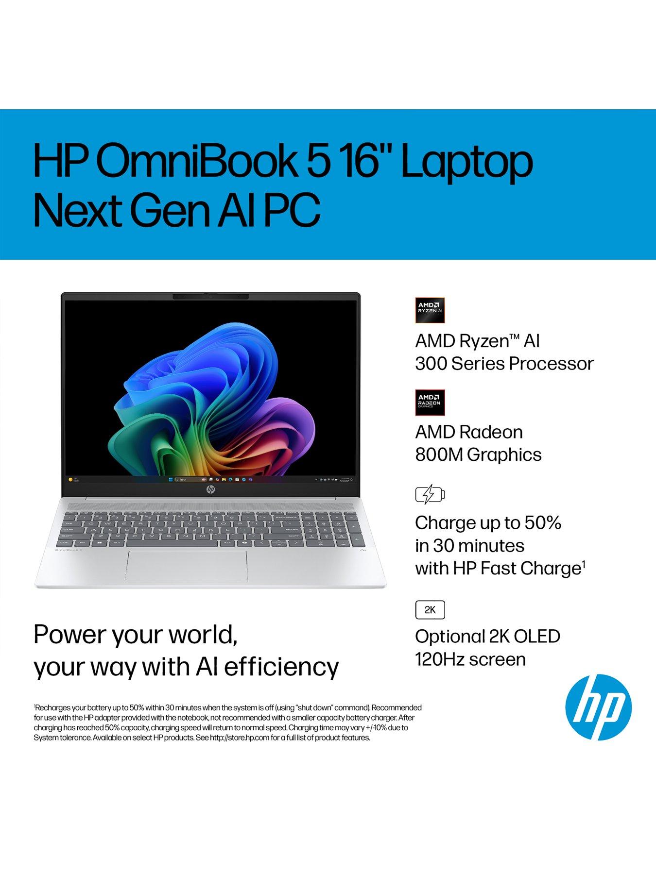 Image 4 of 8 of HP OmniBook 5 16-ag1001na Copilot+ PC Laptop&nbsp;- 16in 2K IPs,&nbsp;AMD Ryzen AI 5, AMD Radeon 840M, 16GB RAM, 512GB SSD&nbsp;- Silver