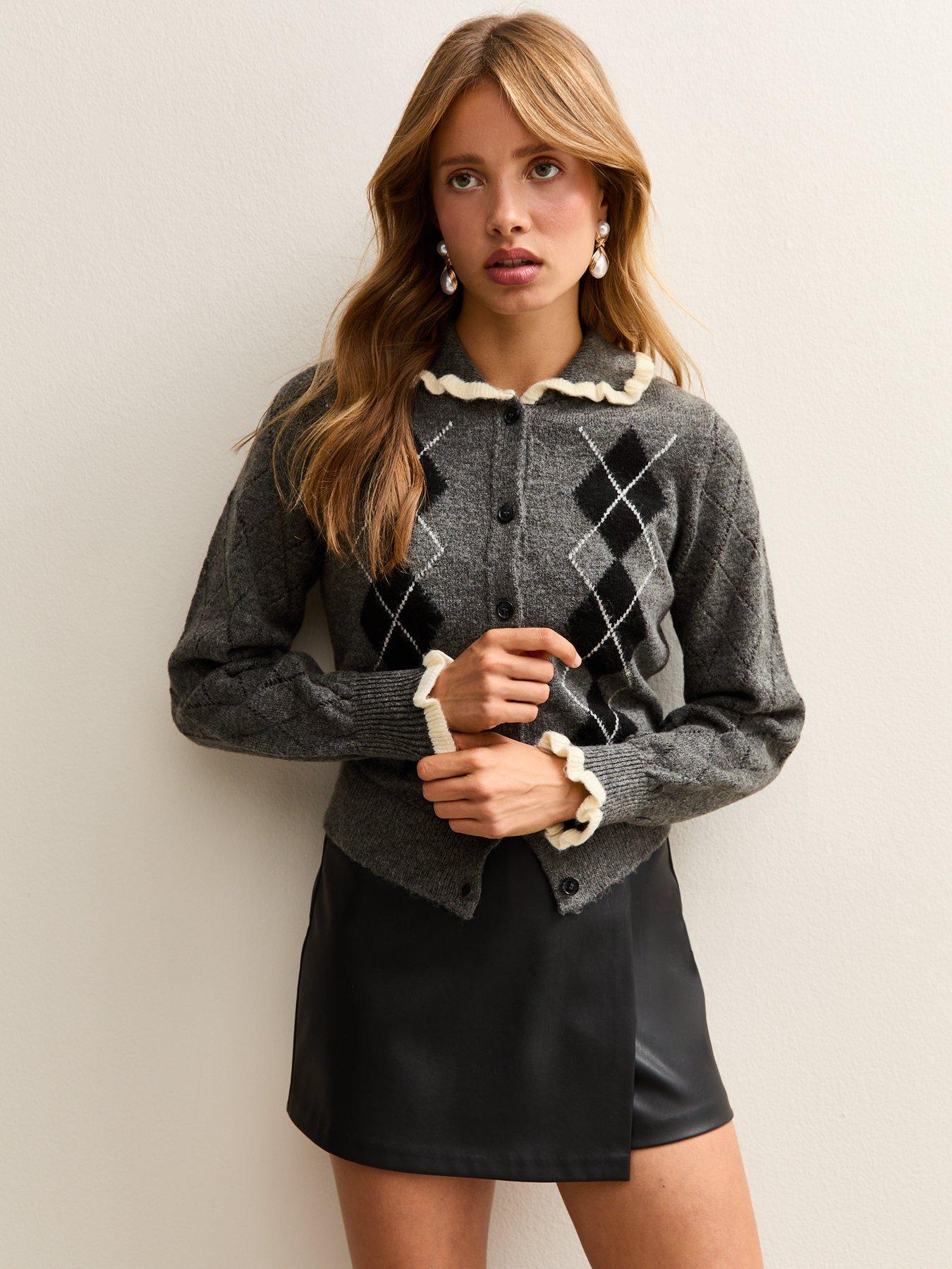 New Look Grey Argyle Print Knit Frill Collar Cardigan