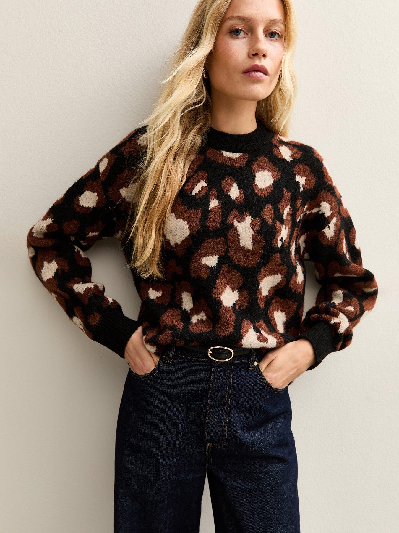 Image 1 of 5 of New Look Brown Animal Patterned Crew Neck Jumper