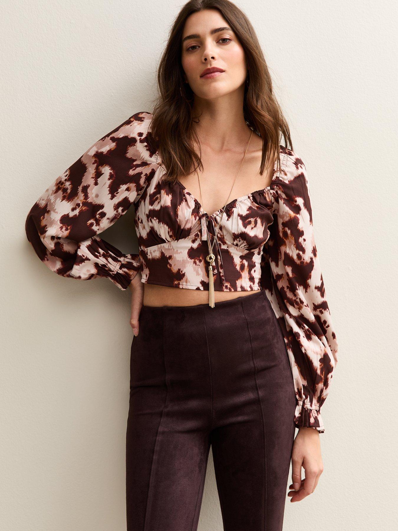 New Look Brown Cow Print Long Sleeve Milkmaid Top