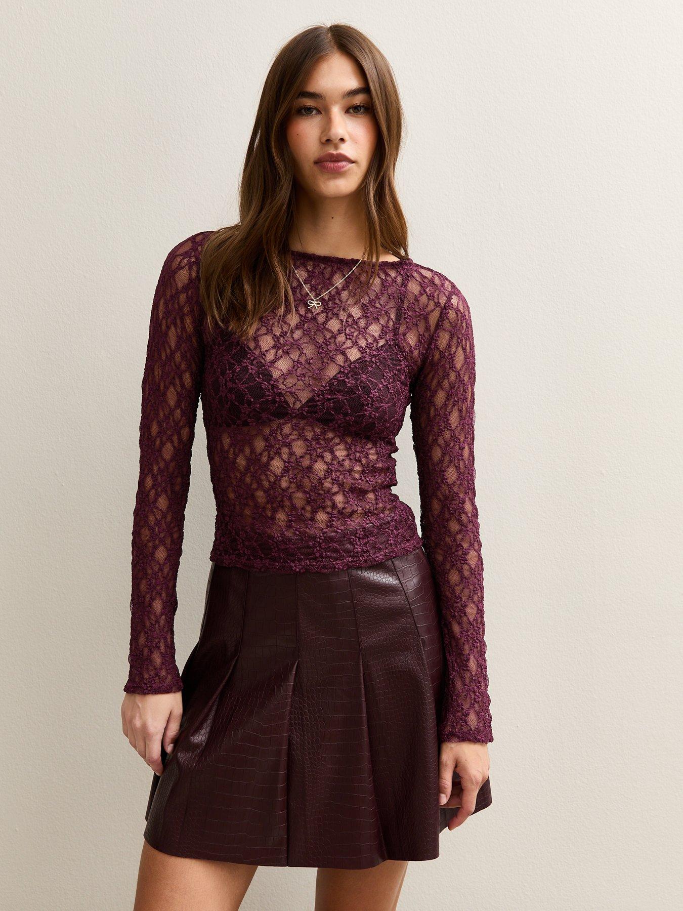 New Look Boat Neck Lace Long Sleeve Top - Red