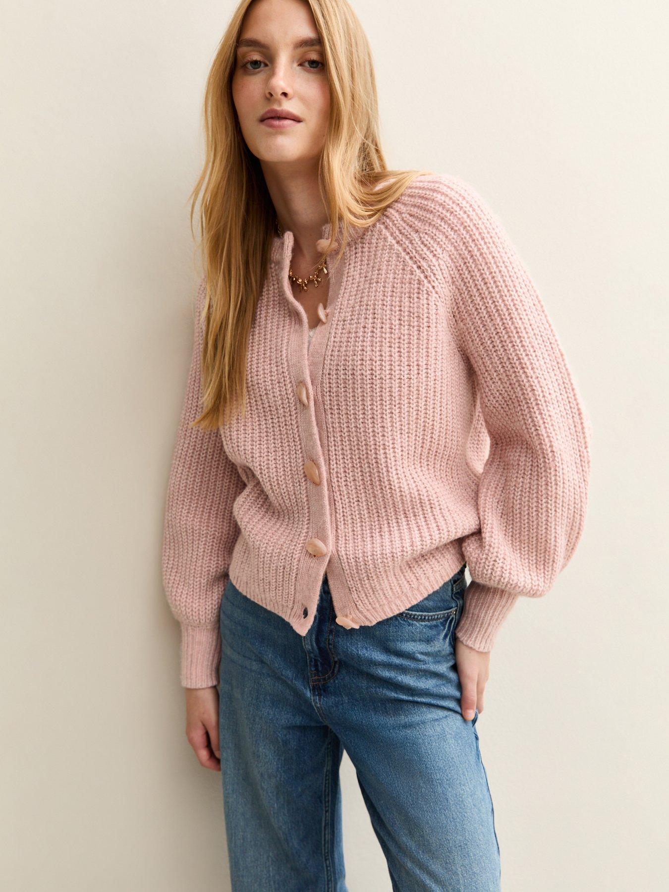 Image 1 of 5 of New Look Ribbed Knit Raglan Sleeve Cardigan - Light Pink