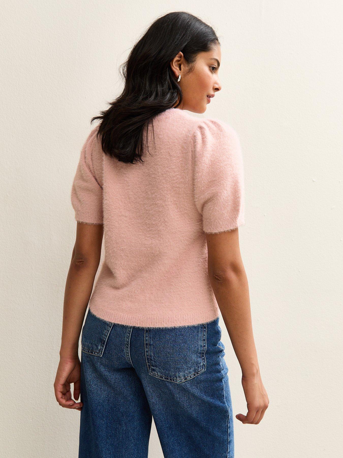 Image 2 of 4 of New Look Fluffy Knit Puff Sleeve T-Shirt - Pink