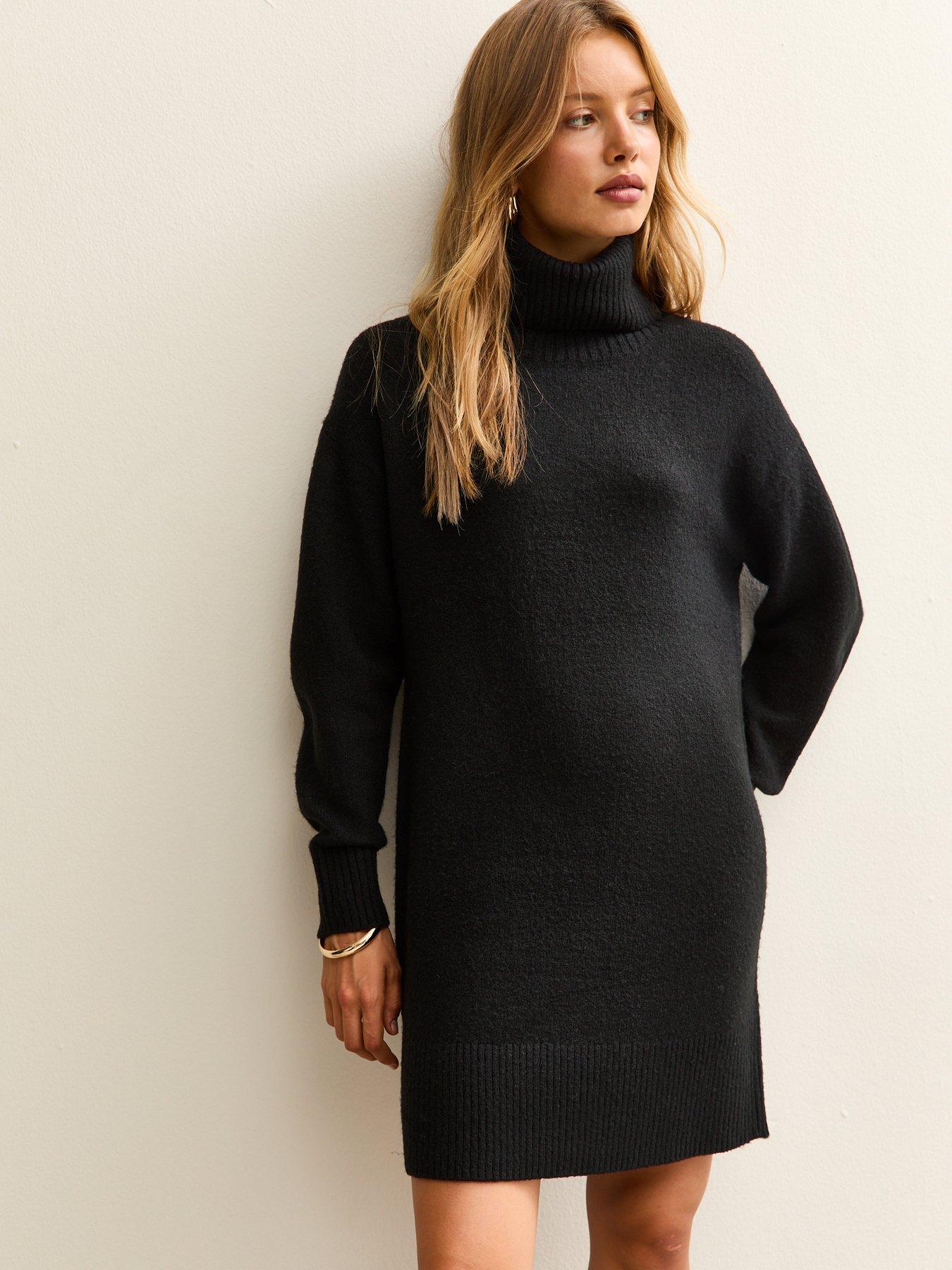 Image 1 of 5 of New Look Midweight Knit Roll Neck Mini Dress - Black