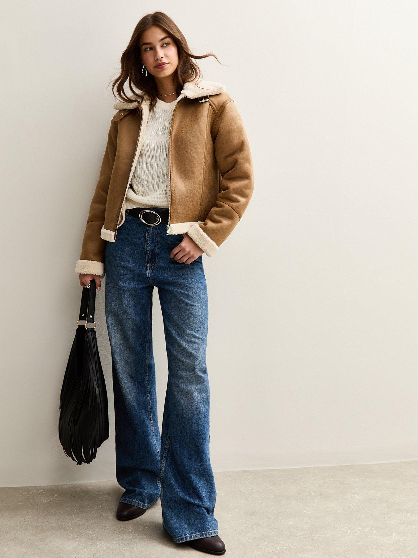 Image 3 of 4 of New Look Faux Suede Cropped Aviator Jacket - Brown