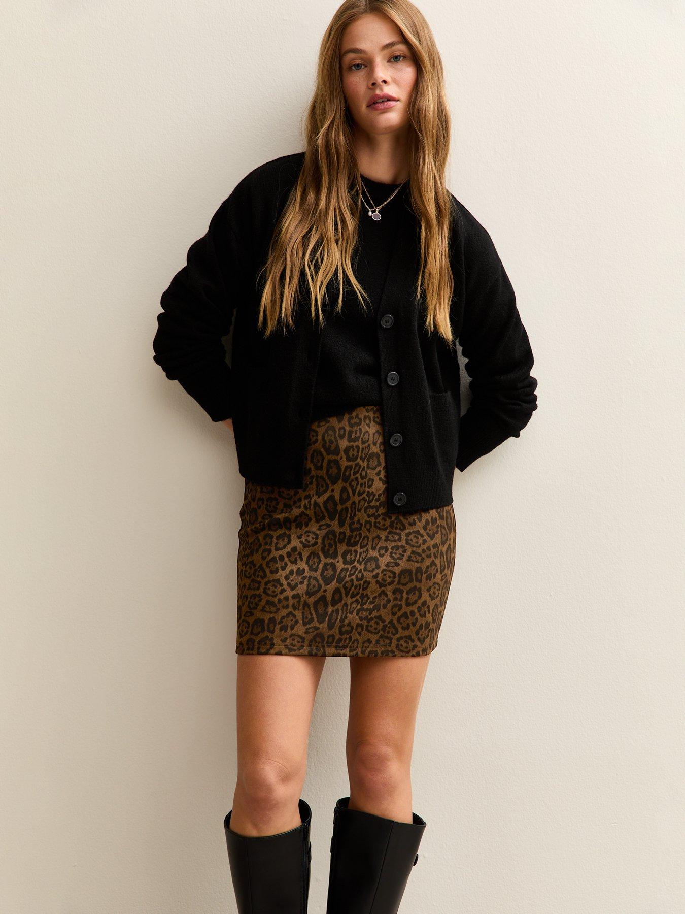 undefined Leopard Print Faux Suede Mini Skirt - Brown