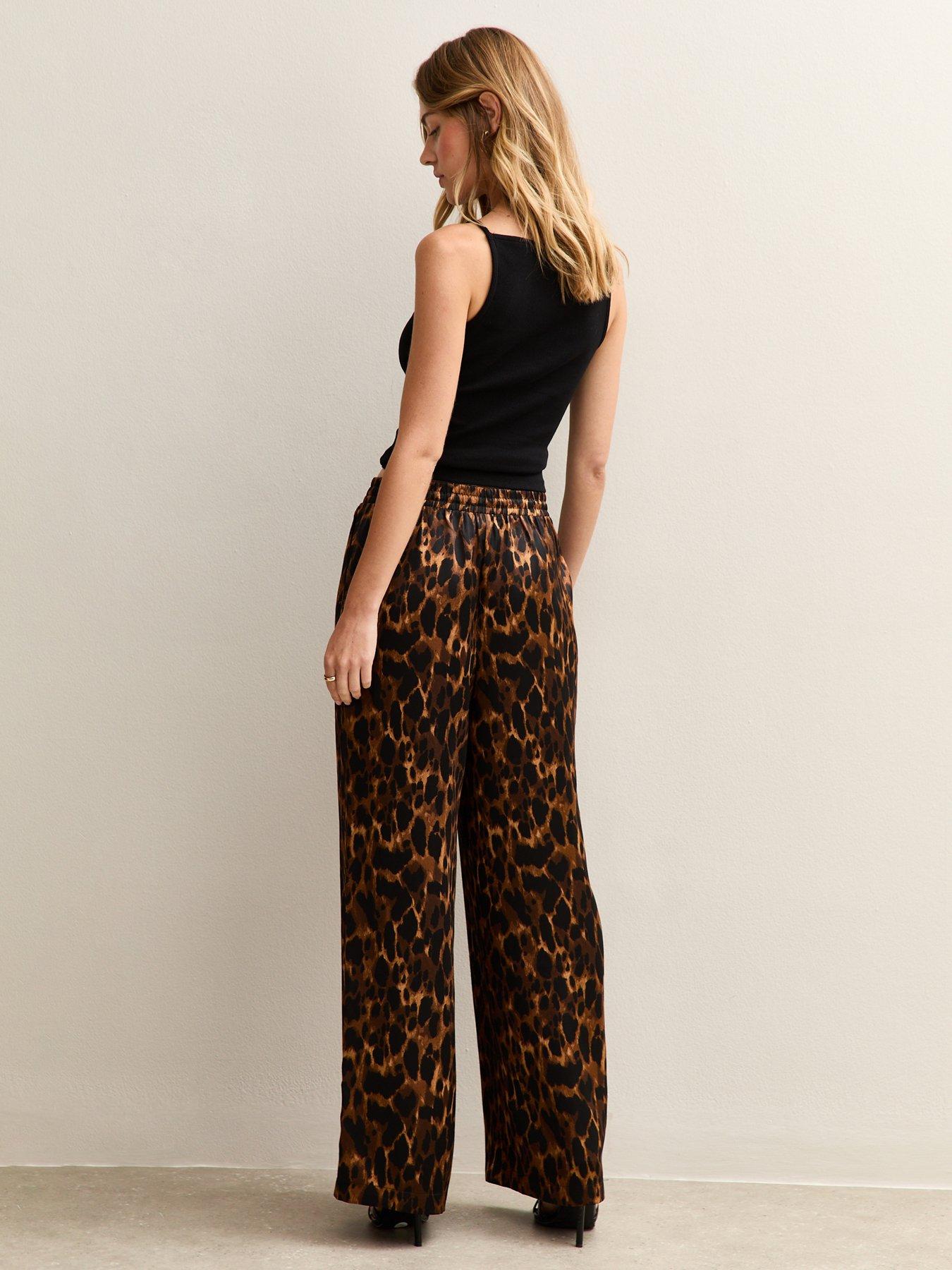 Image 2 of 4 of New Look Brown Animal Print Satin Wide Leg Trousers