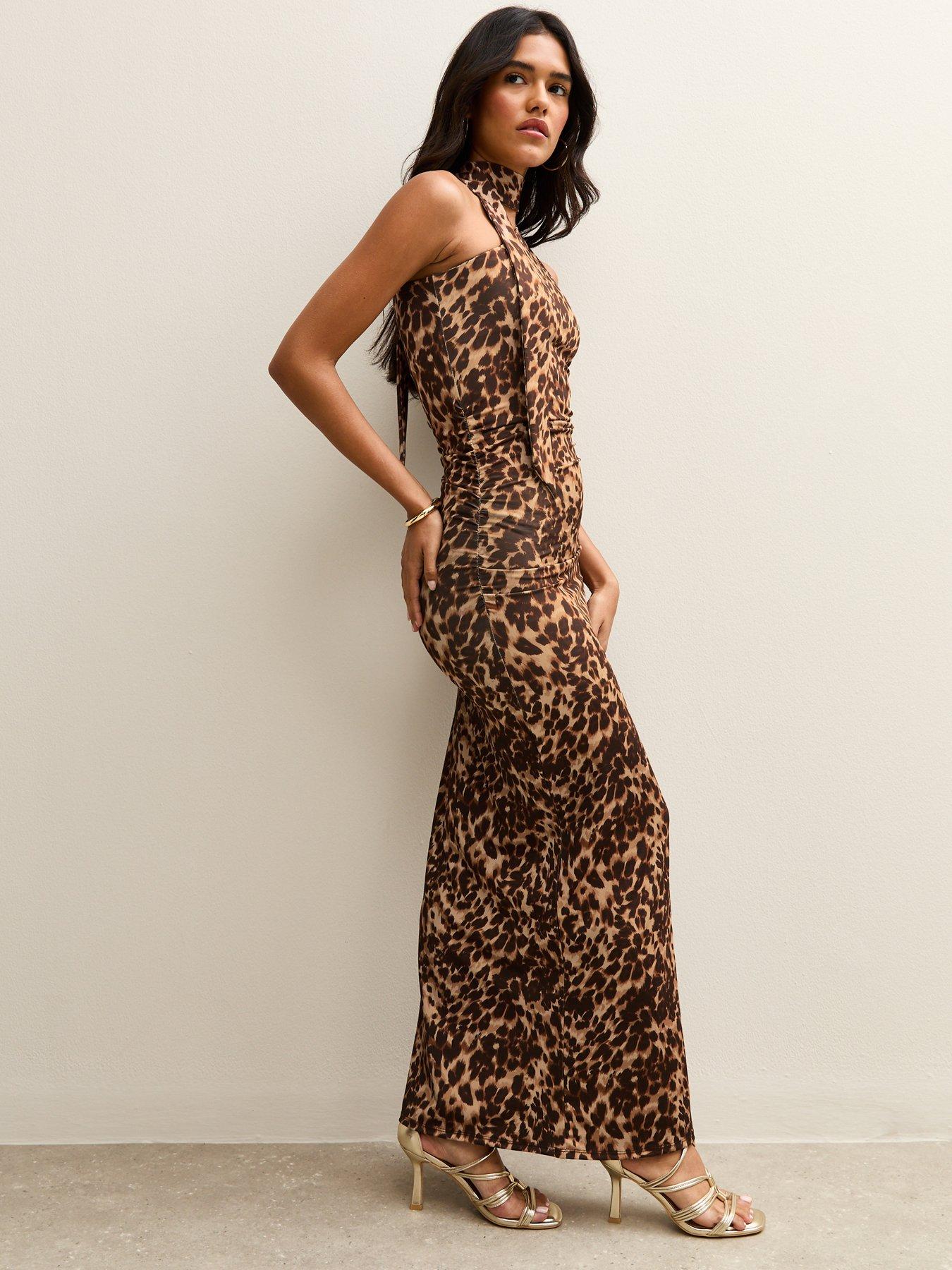 New Look Brown Animal Print Bow Neck Maxi Dress