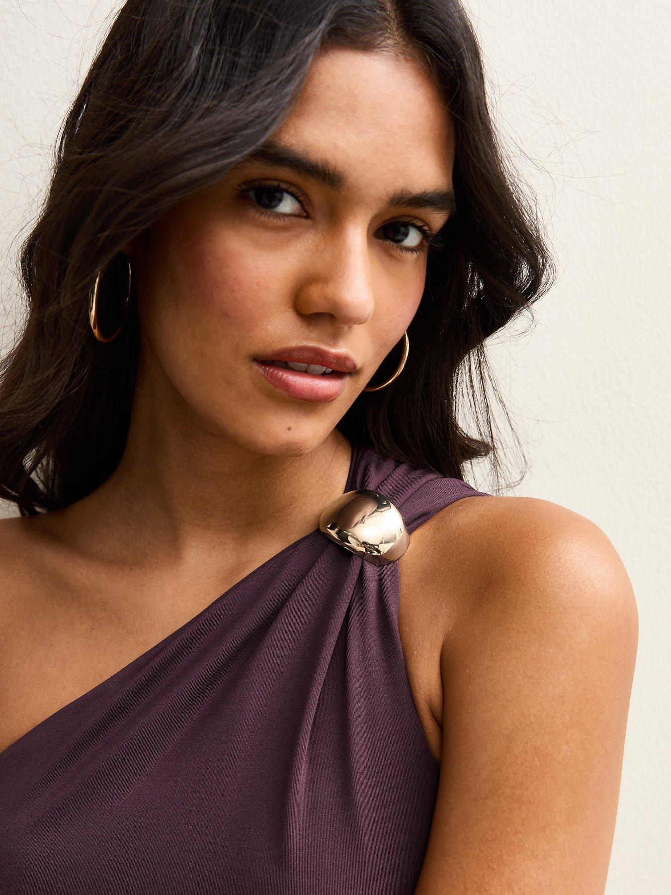  image of new-look-one-shoulder-slinky-jersey-midi-dress-burgundy