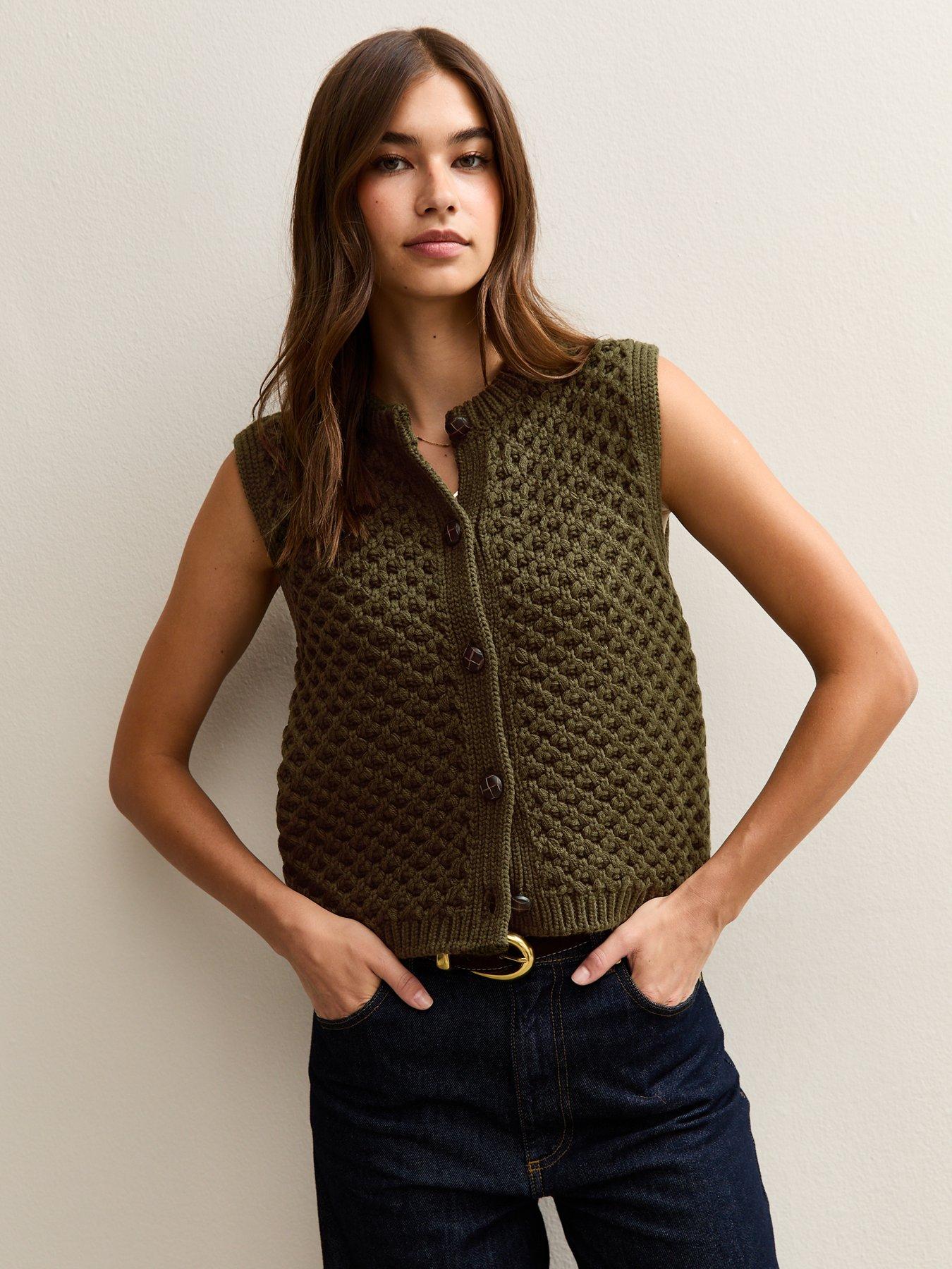 new-look-khaki-moss-stitch-buttoned-waistcoat