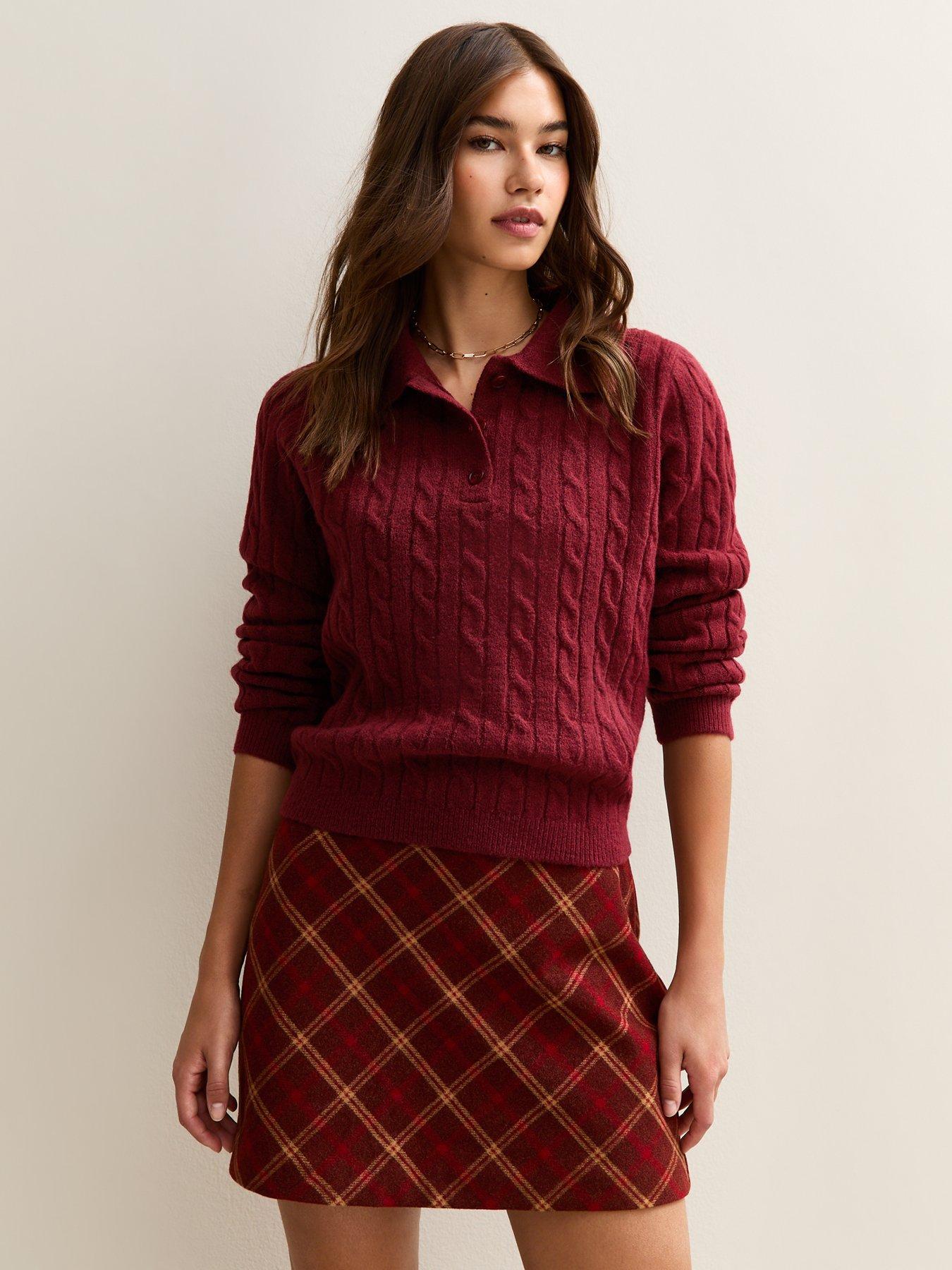  image of new-look-cable-knit-button-polo-jumper-burgundy