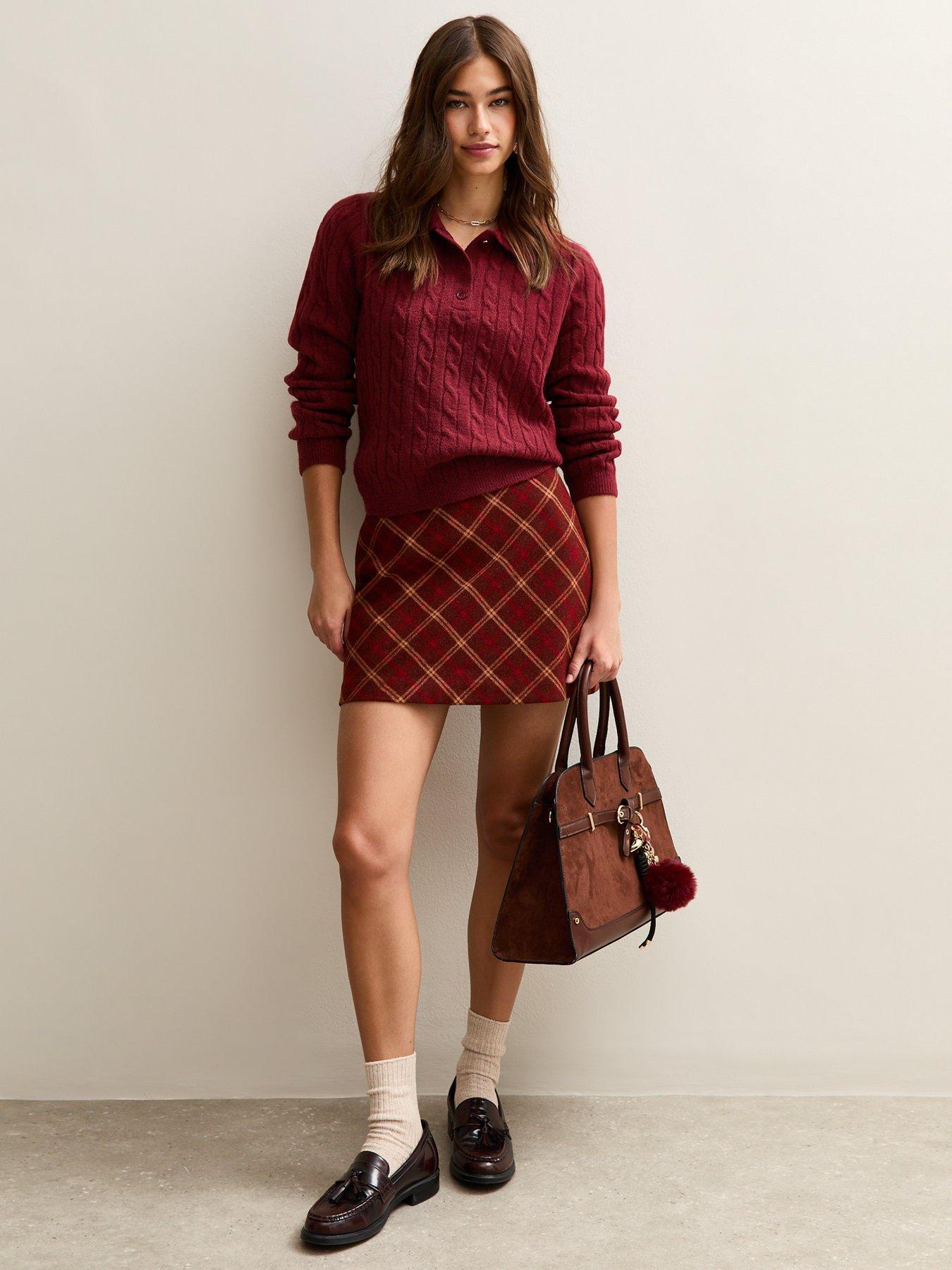  image of new-look-cable-knit-button-polo-jumper-burgundy