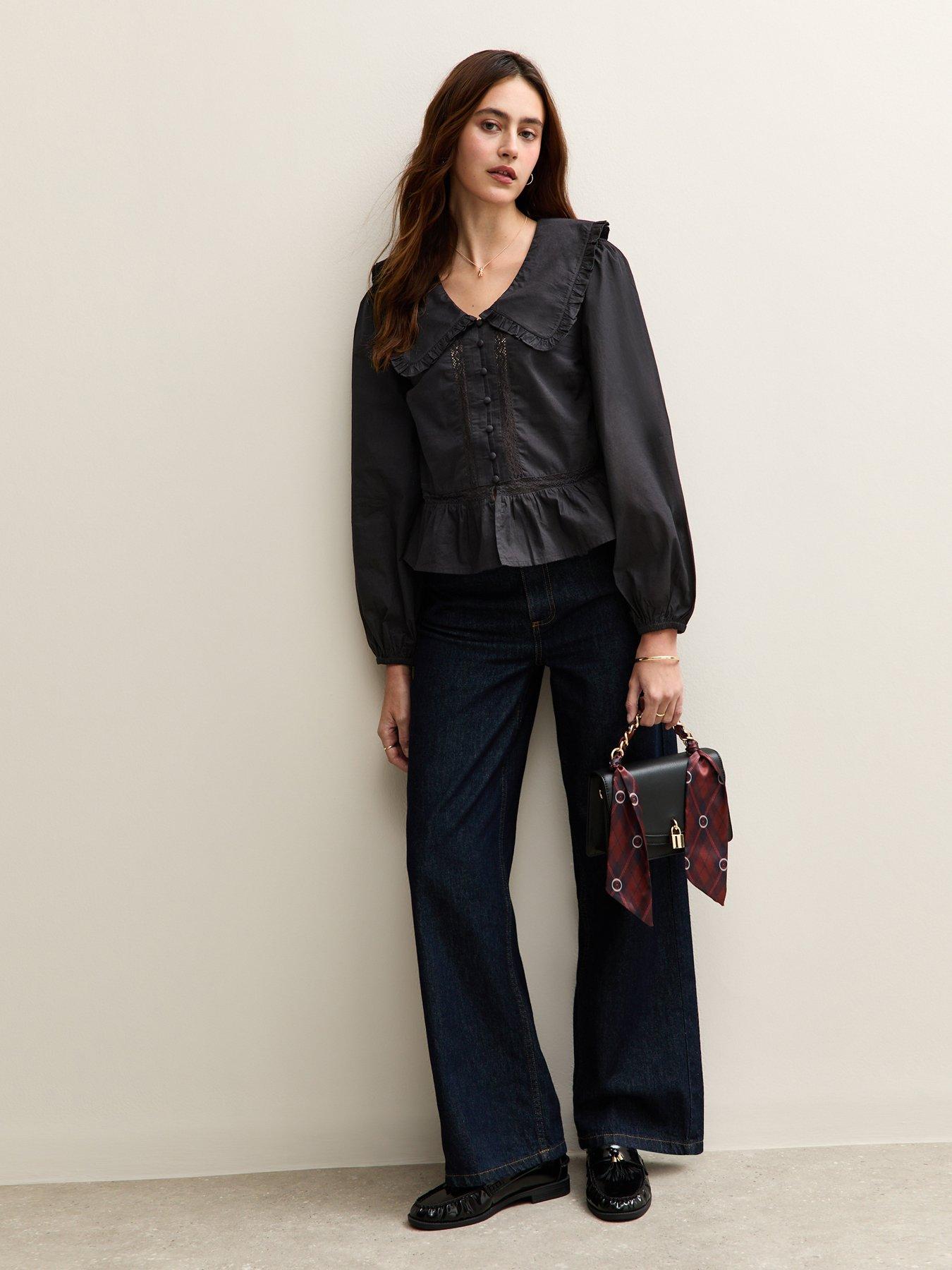  image of new-look-black-lace-insert-oversized-collar-shirt