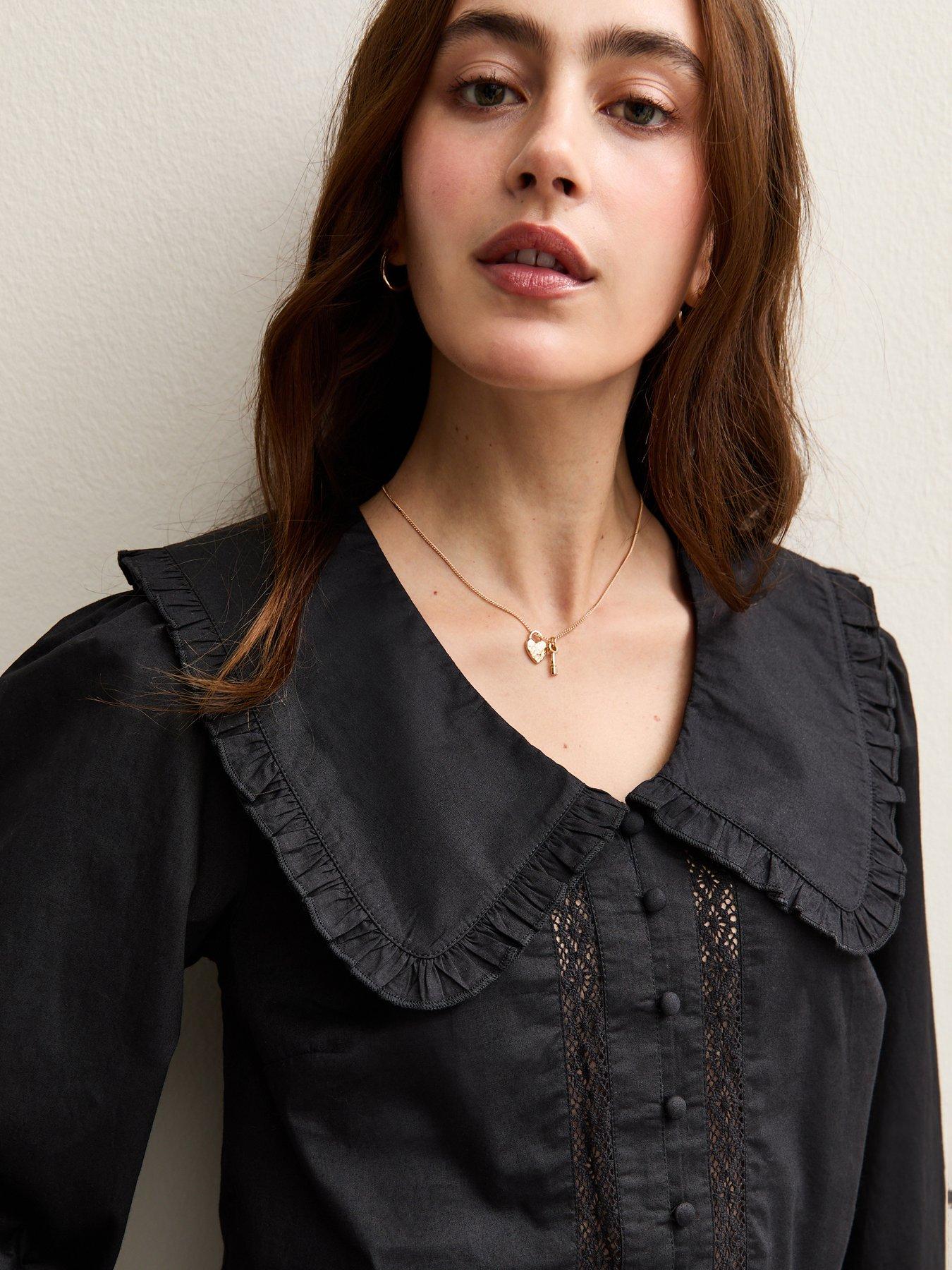  image of new-look-black-lace-insert-oversized-collar-shirt