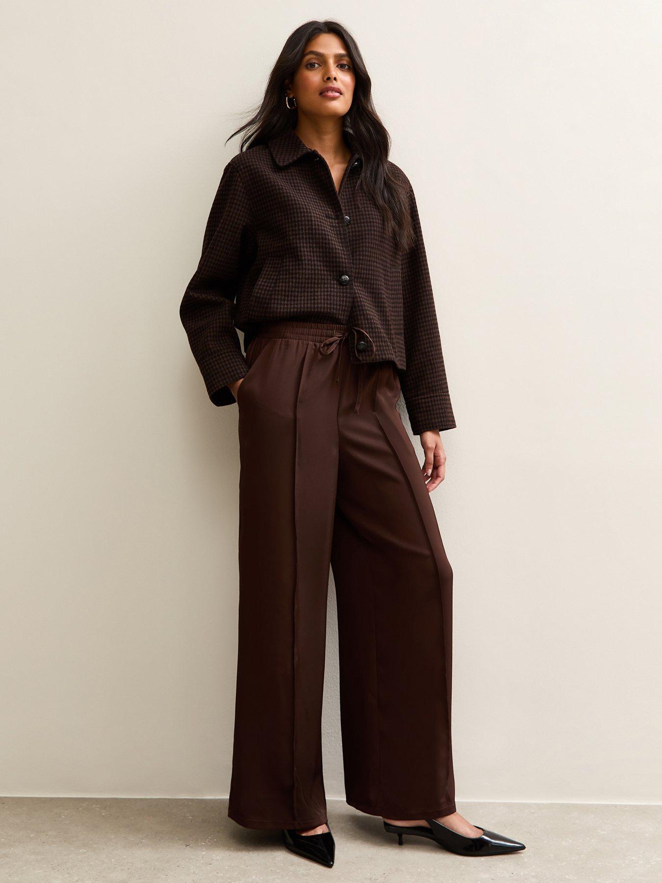 Image 1 of 5 of New Look Brown Satin Drawstring Waist Wide Leg Trousers