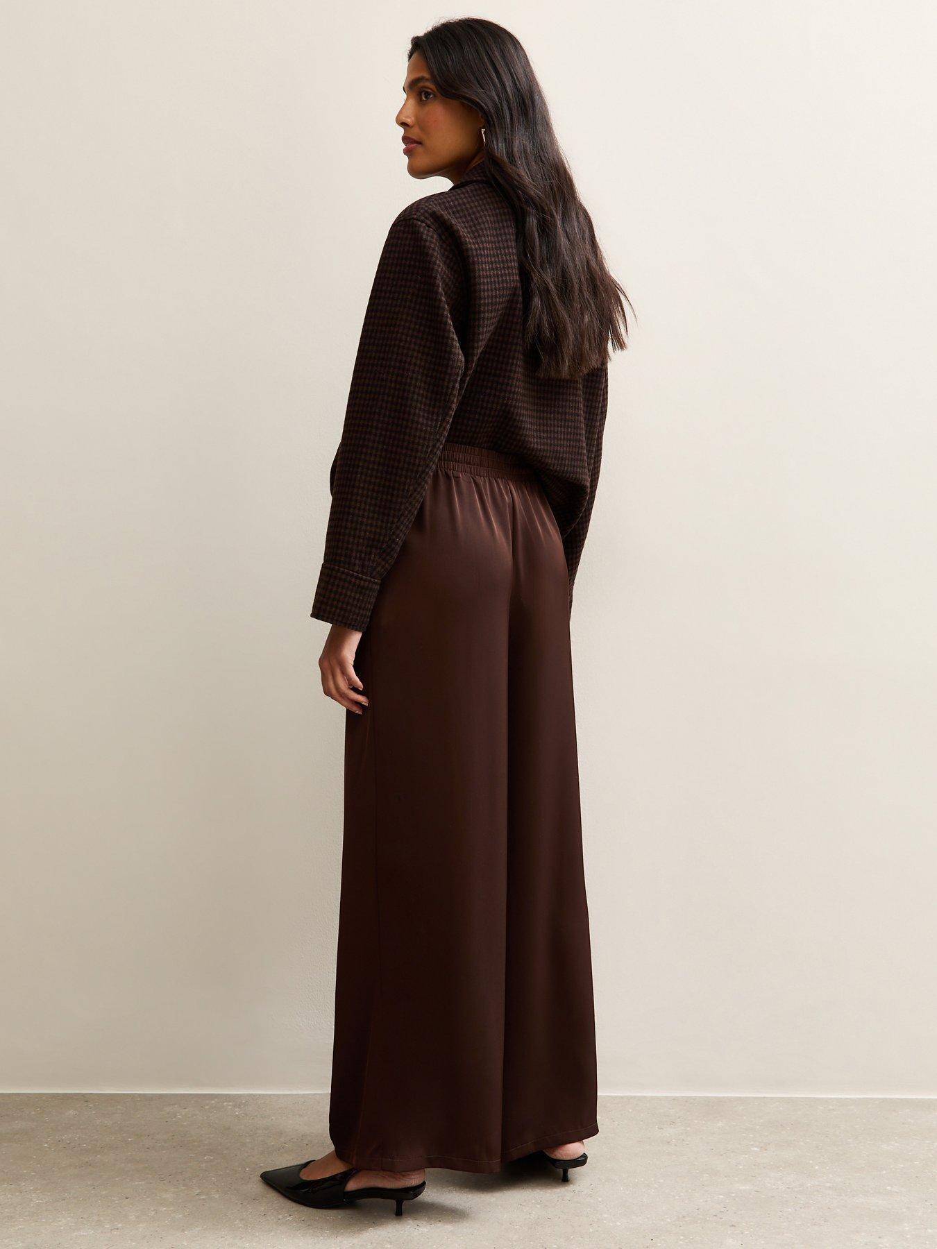 Image 2 of 5 of New Look Brown Satin Drawstring Waist Wide Leg Trousers