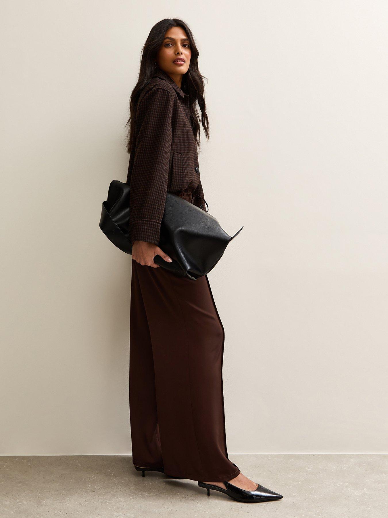 Image 3 of 5 of New Look Brown Satin Drawstring Waist Wide Leg Trousers