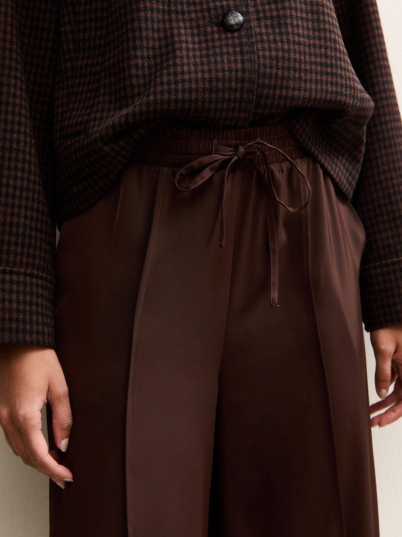 Image 4 of 5 of New Look Brown Satin Drawstring Waist Wide Leg Trousers