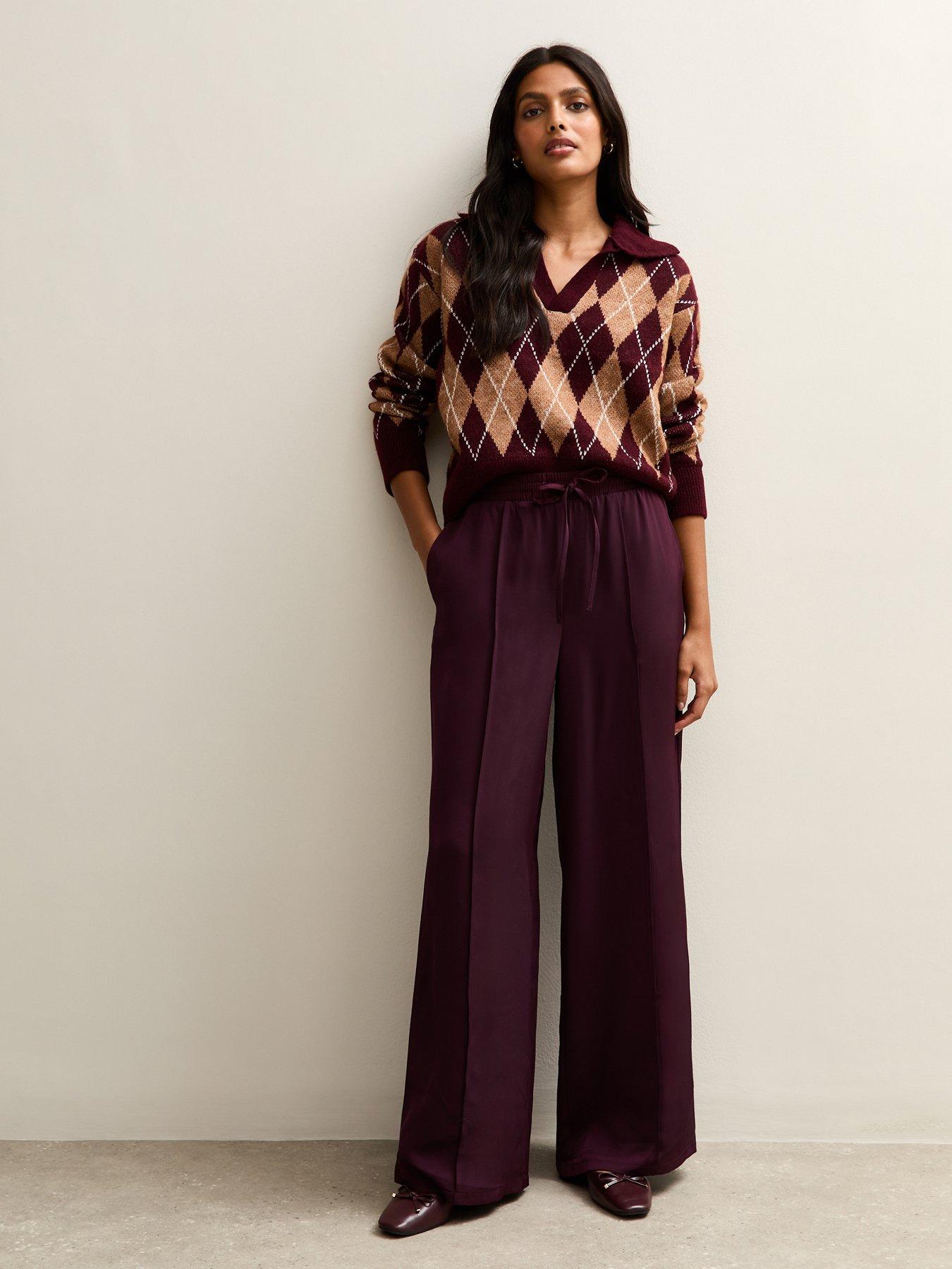New Look Burgundy Satin Drawstring Waist Wide Leg Trousers
