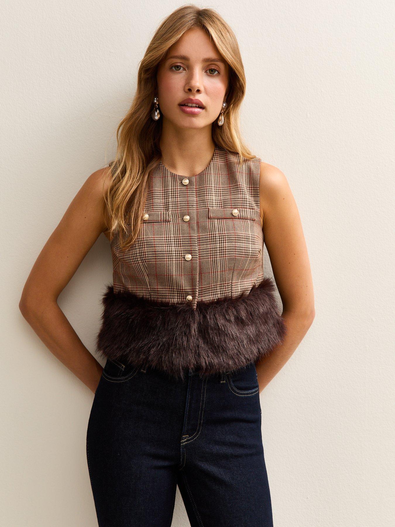 new-look-brown-check-faux-fur-trim-waistcoat