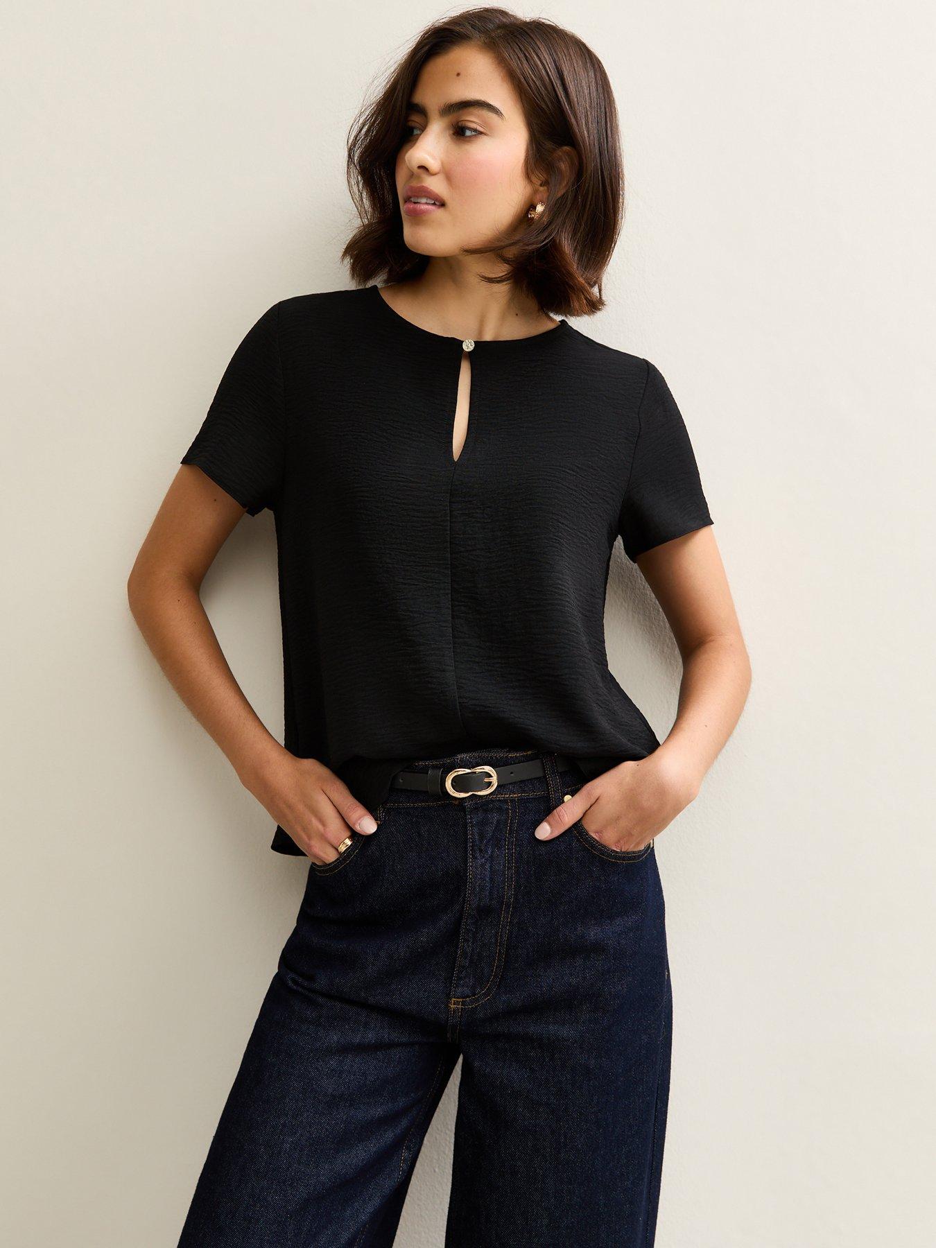 Image 1 of 5 of New Look Black Keyhole Front Short Sleeve Top